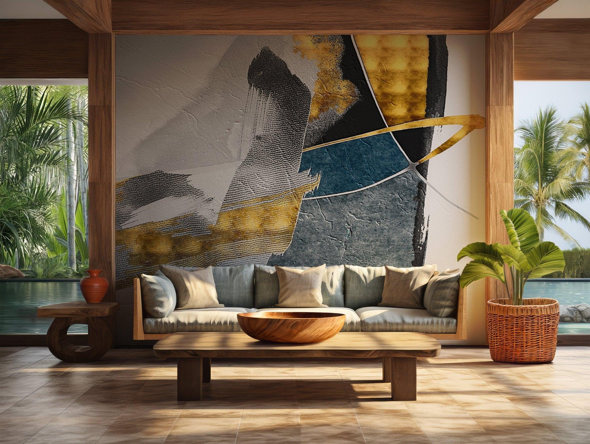 City Plastic Art Wallpaper - Peel and Stick Wall Mural - Bold Brushstrokes Blue Gold Black Grey BV199