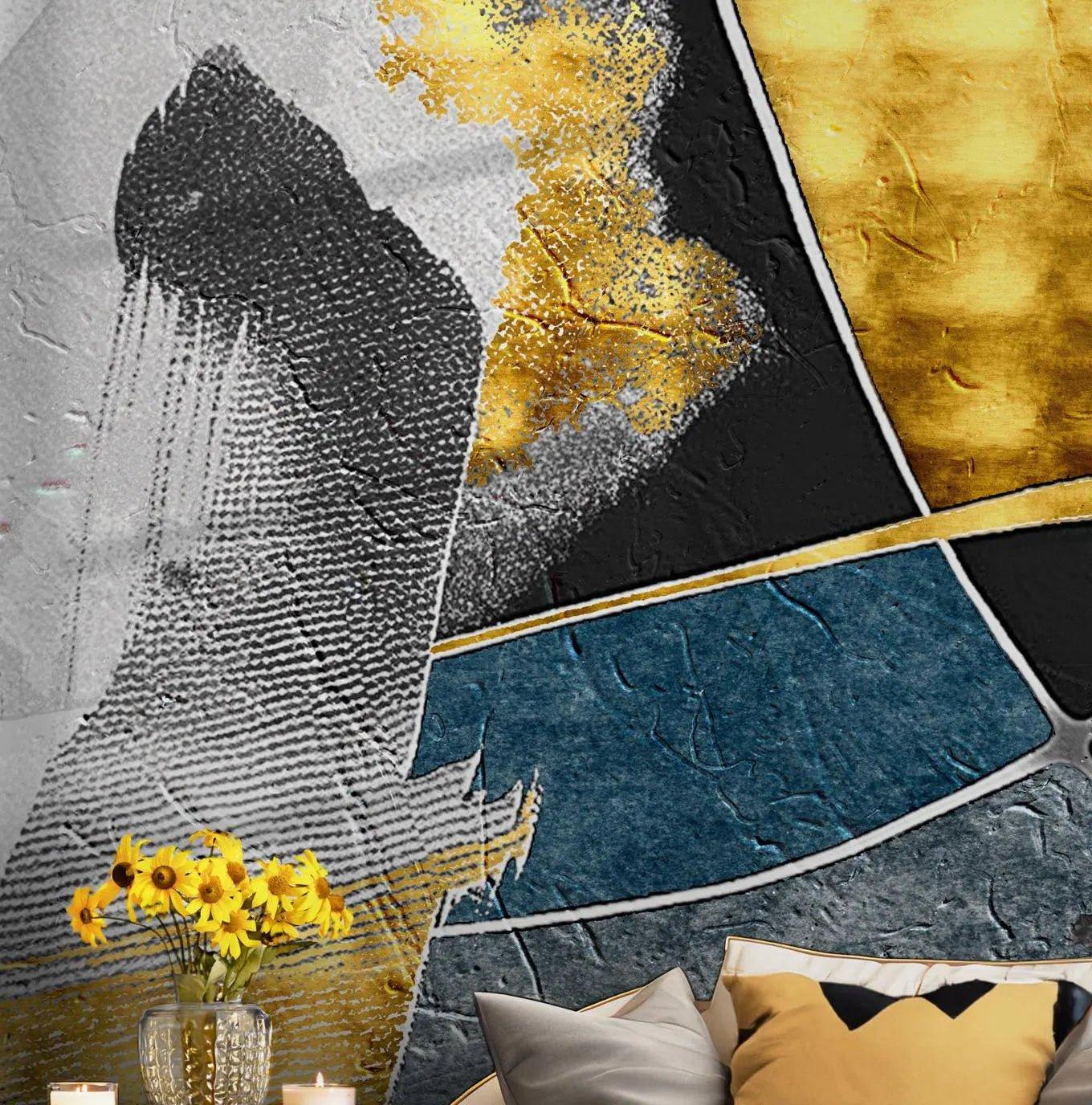 City Plastic Art Wallpaper - Peel and Stick Wall Mural - Bold Brushstrokes Blue Gold Black Grey BV199