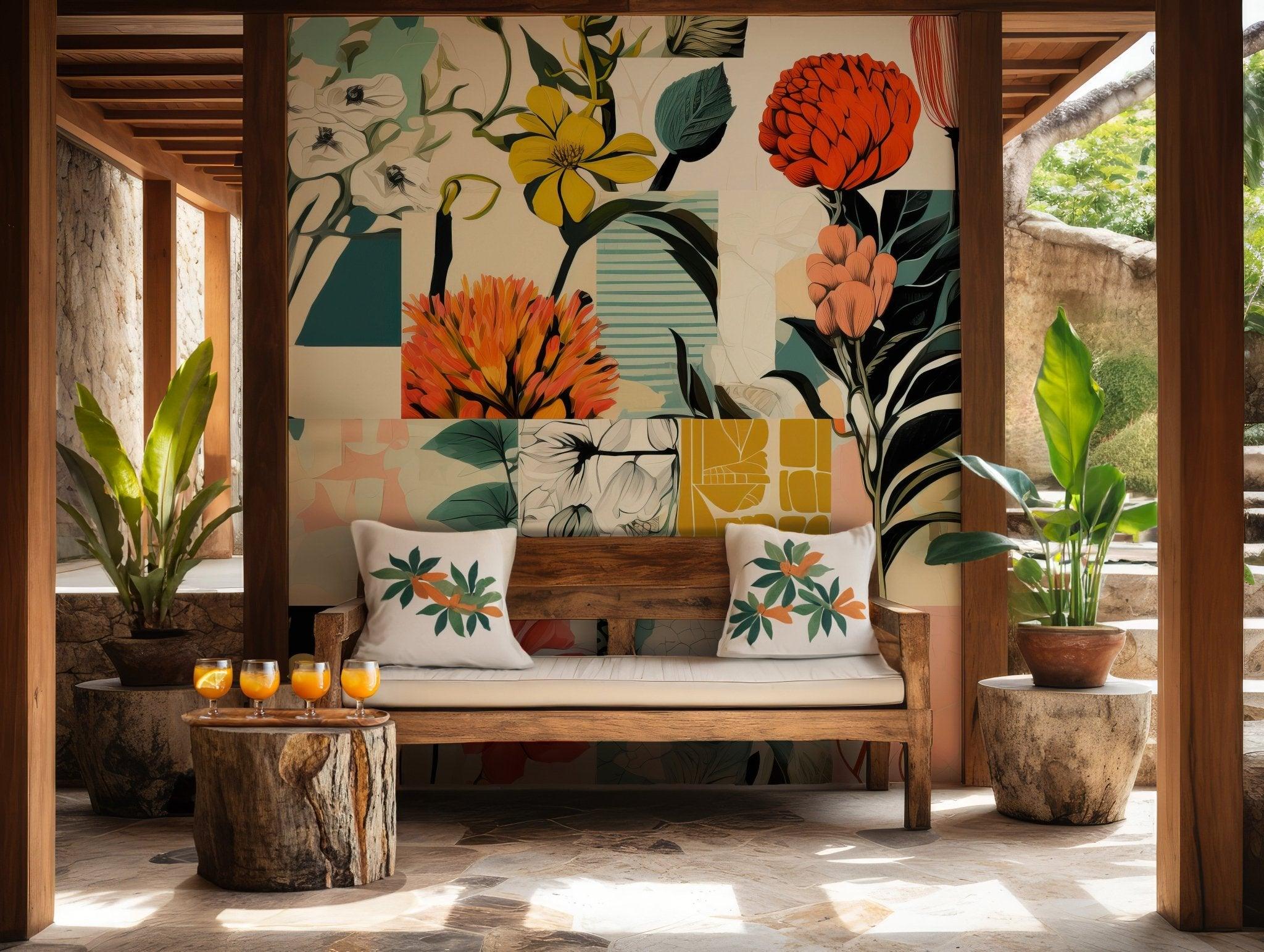 Collage Floral Wallpaper - Self Adhesive Peel and Stick Mural - Modern Flowers Art Miami Wynwood Walls Style BV190