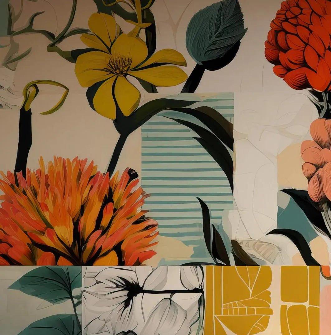 Collage Floral Wallpaper - Self Adhesive Peel and Stick Mural - Modern Flowers Art Miami Wynwood Walls Style BV190