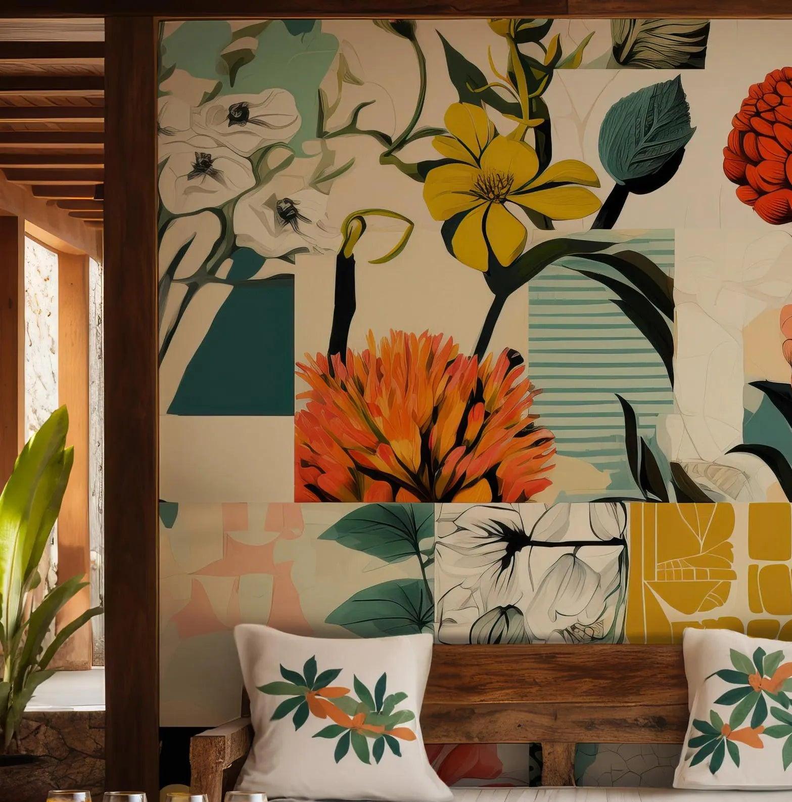 Collage Floral Wallpaper - Self Adhesive Peel and Stick Mural - Modern Flowers Art Miami Wynwood Walls Style BV190