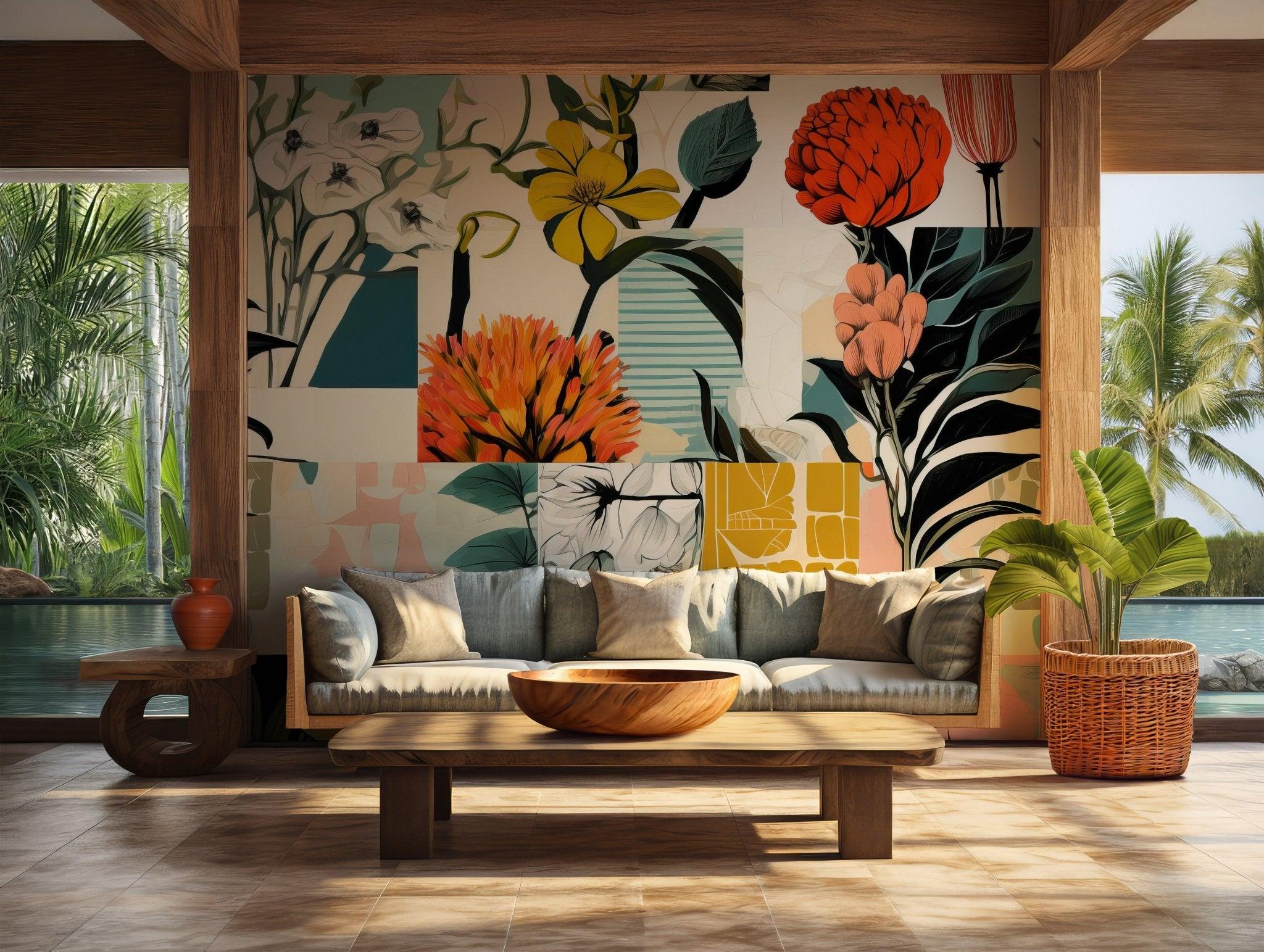 Collage Floral Wallpaper - Self Adhesive Peel and Stick Mural - Modern Flowers Art Miami Wynwood Walls Style BV190