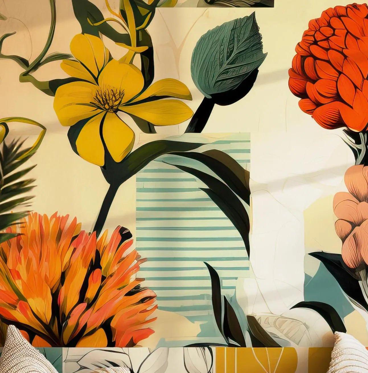 Collage Floral Wallpaper - Self Adhesive Peel and Stick Mural - Modern Flowers Art Miami Wynwood Walls Style BV190