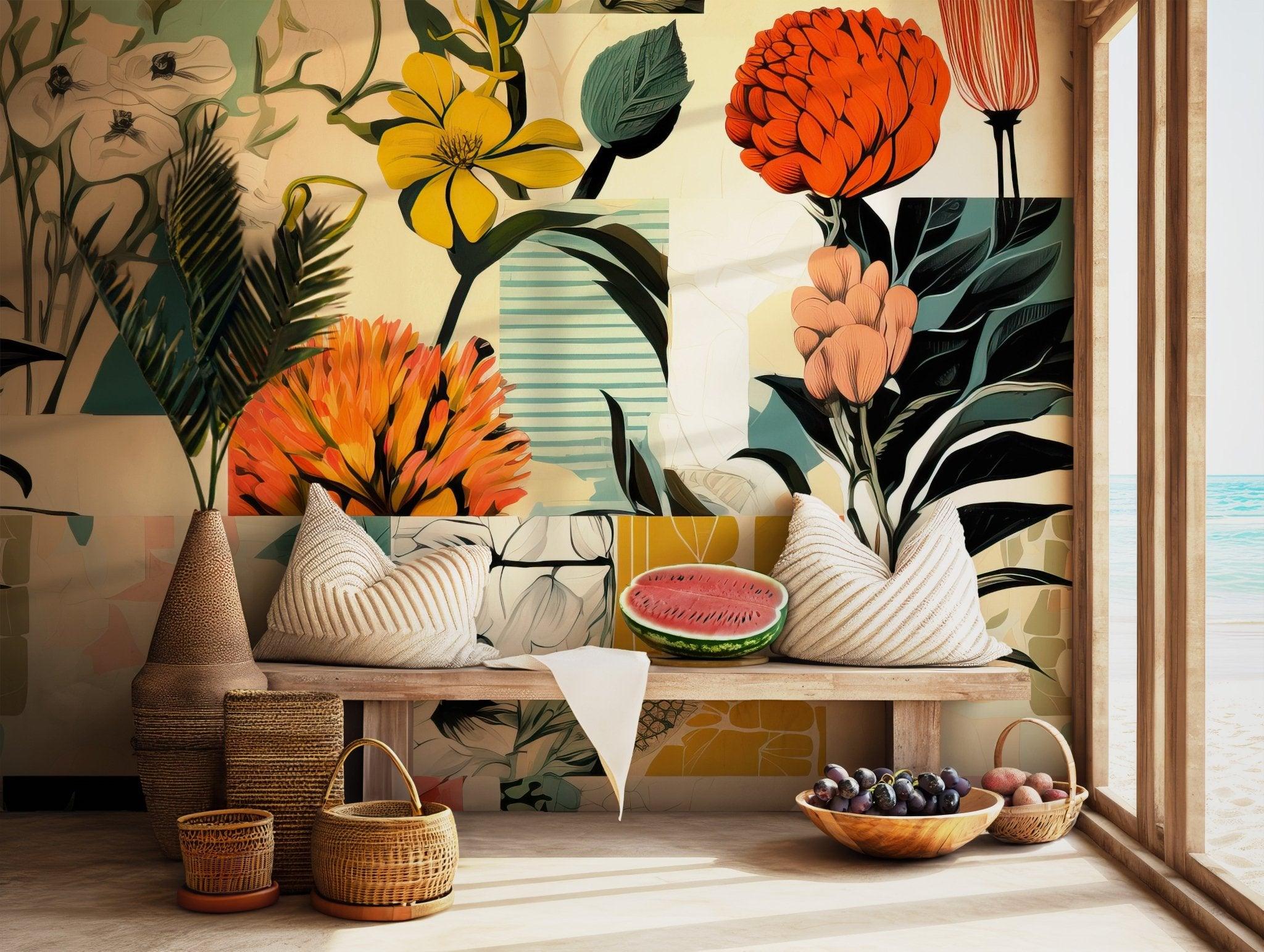 Collage Floral Wallpaper - Self Adhesive Peel and Stick Mural - Modern Flowers Art Miami Wynwood Walls Style BV190