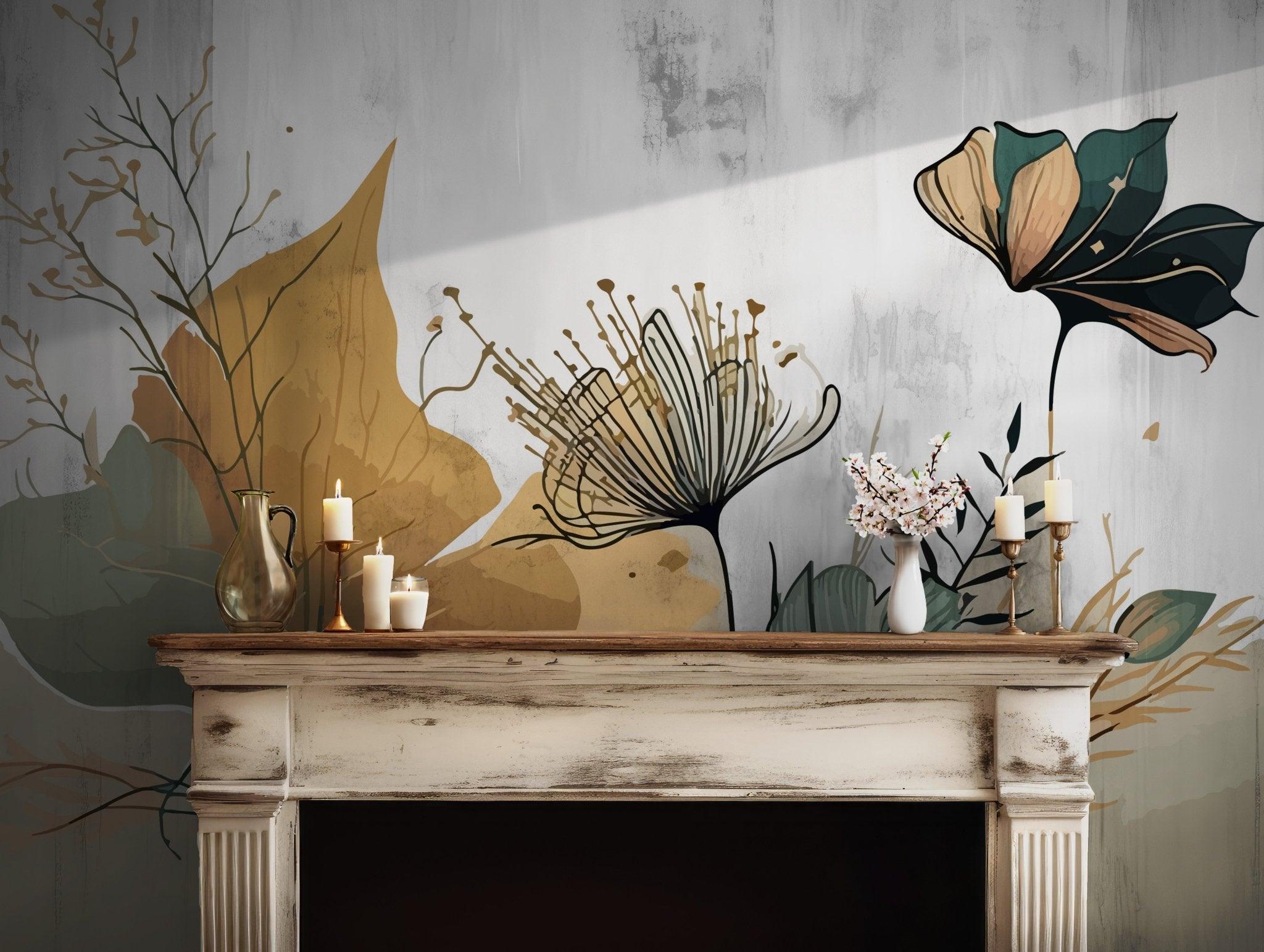 Colorful Botanical Wallpaper - Watercolor Vintage Floral Leaf Wall Mural - Peel and Stick BV188 BV188