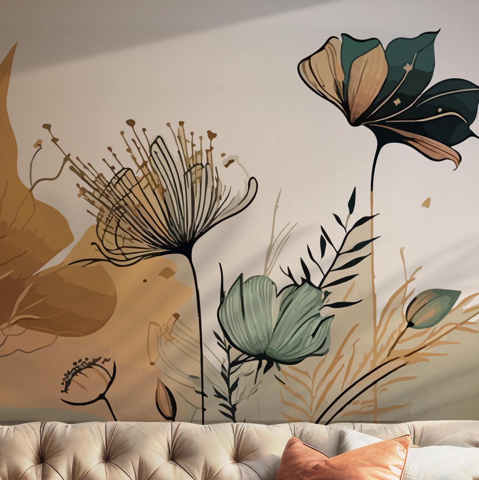 Colorful Botanical Wallpaper - Watercolor Vintage Floral Leaf Wall Mural - Peel and Stick BV188 BV188