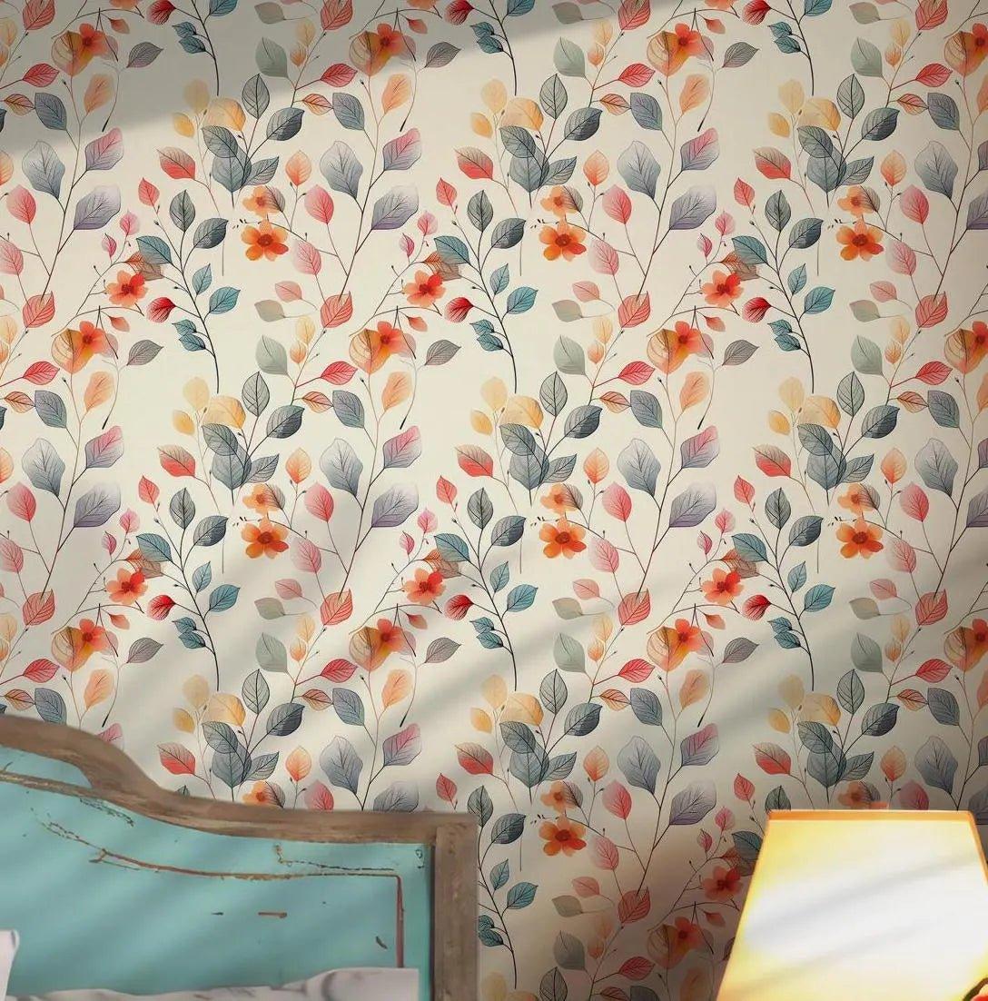 Colorful Floral Leaves Peel and Stick Wallpaper - Vibrant Modern Self Adhesive BV128