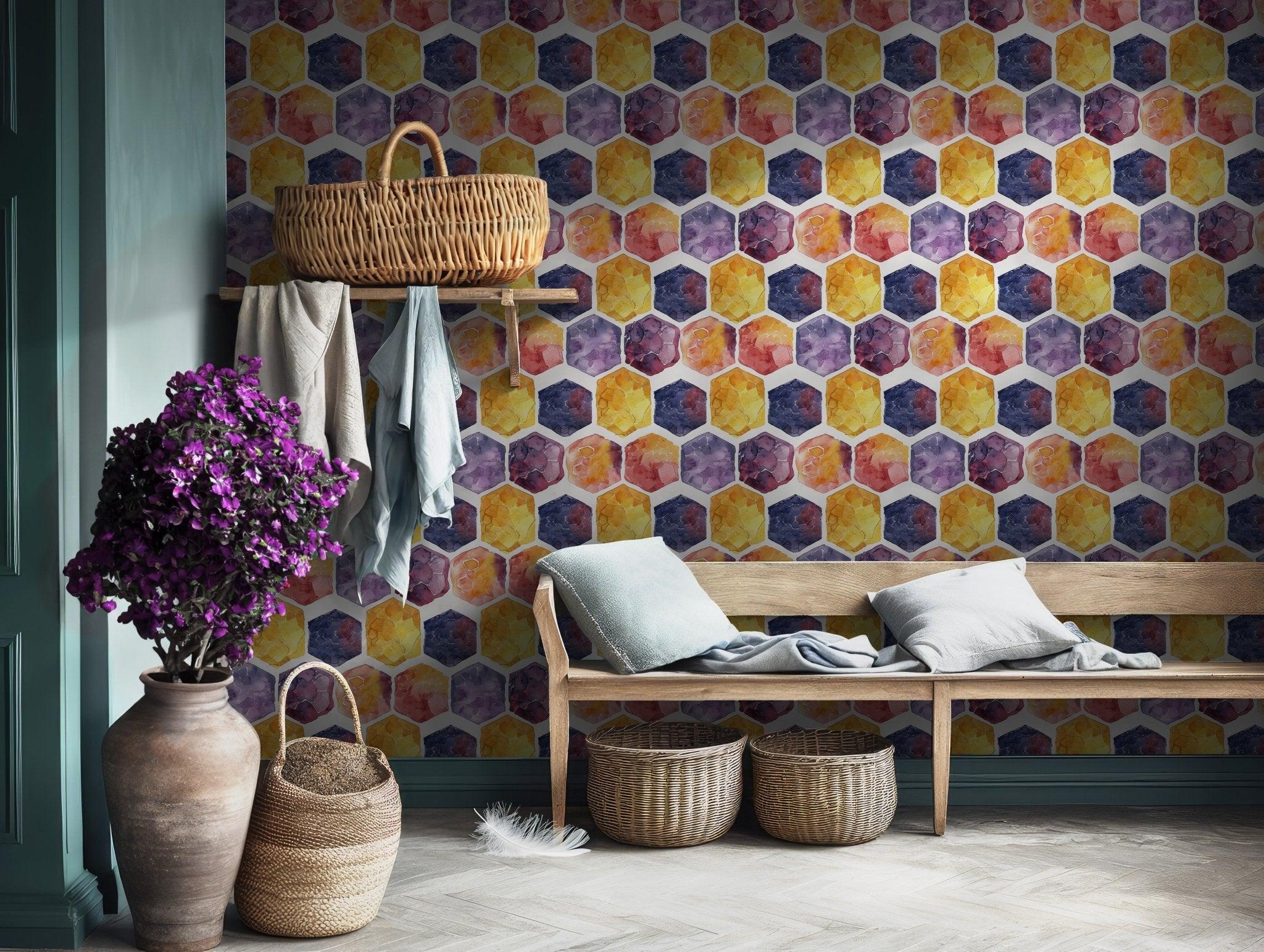 Removable peel and stick wallpaper featuring bold watercolor hexagons in orange, yellow, purple, and red tones adds personality to any space.