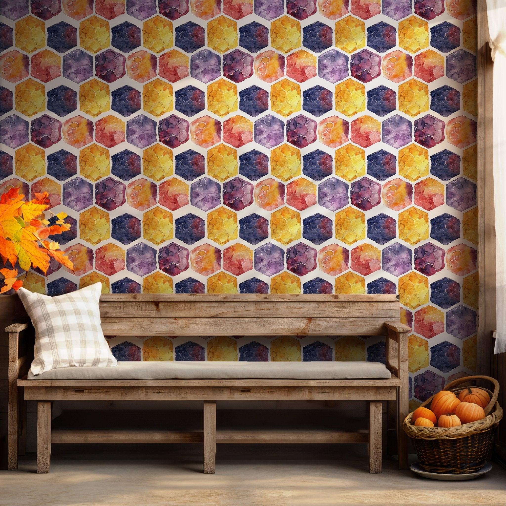 Watercolor hexagon pattern with vibrant colors like purple, yellow, and red on temporary wallpaper ideal for colorful modern spaces or accents.