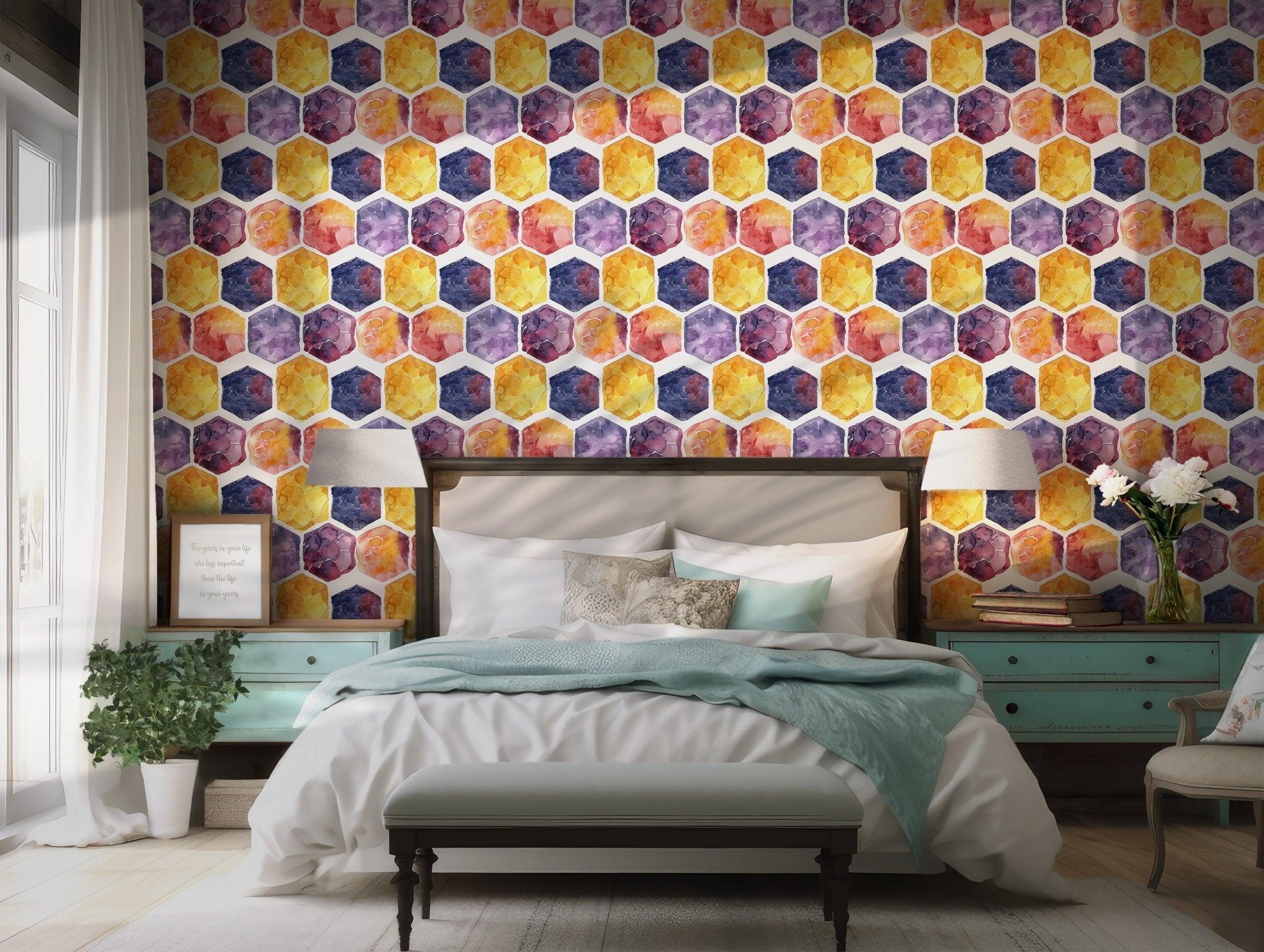 Add color with this modern peel and stick wallpaper in purple and yellow hexagon pattern perfect for renters wanting removable options.