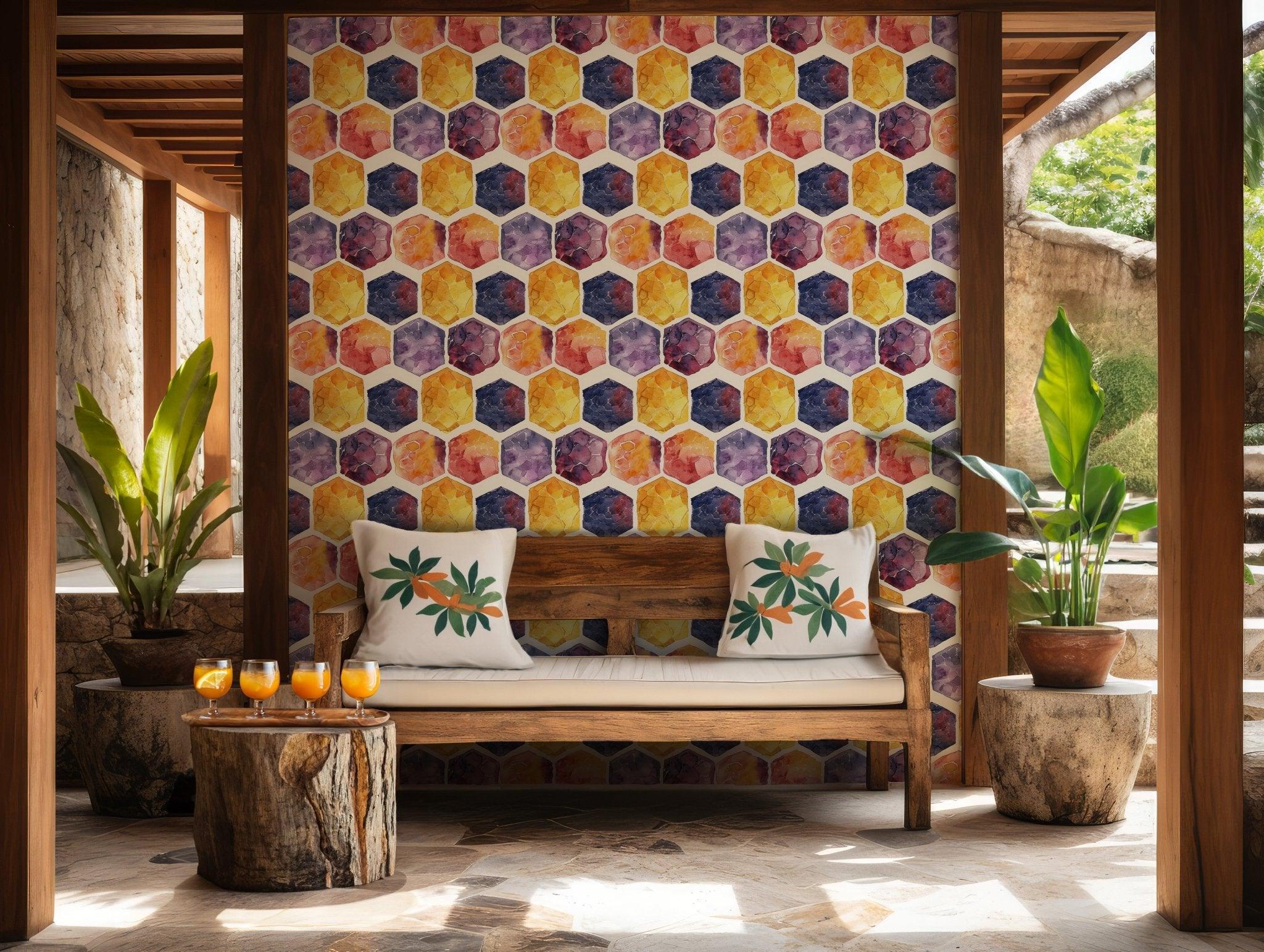 Brighten any room with this geometric hexagon design in bold watercolor tones applied as a temporary removable wallpaper surface.