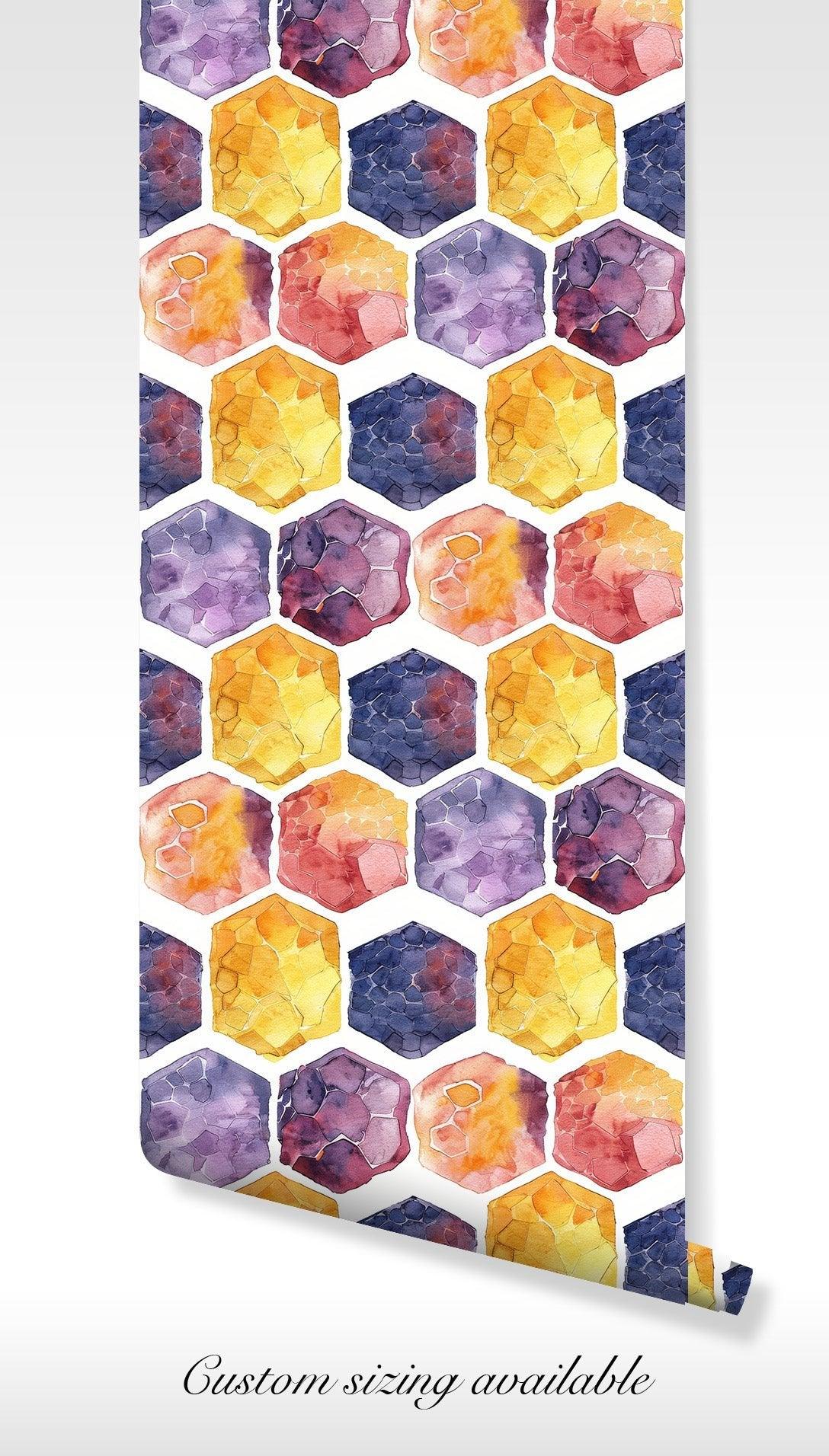 Colorful removable wallpaper with geometric watercolor hexagons in red, purple, orange and yellow great for quick stylish updates.