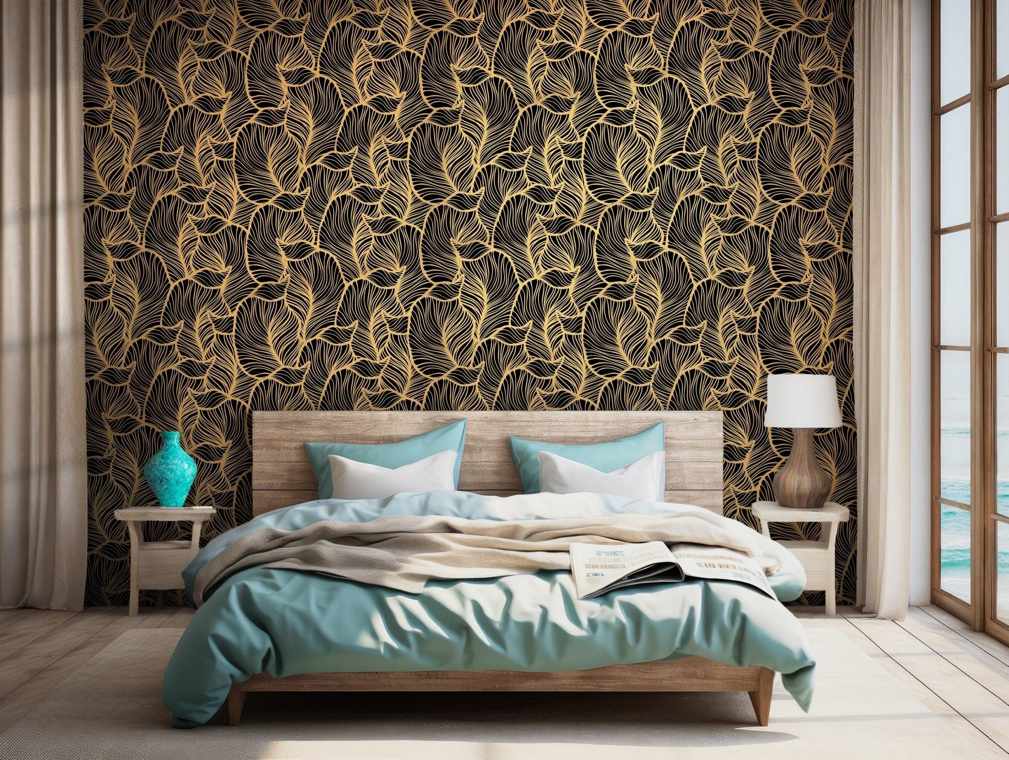 Dark Black Gold Leaves Peel & Stick Wallpaper - Banana Temporary Jungle Print Wall Cover - Tropical Self Adhesive Removable Wall Mural BV091