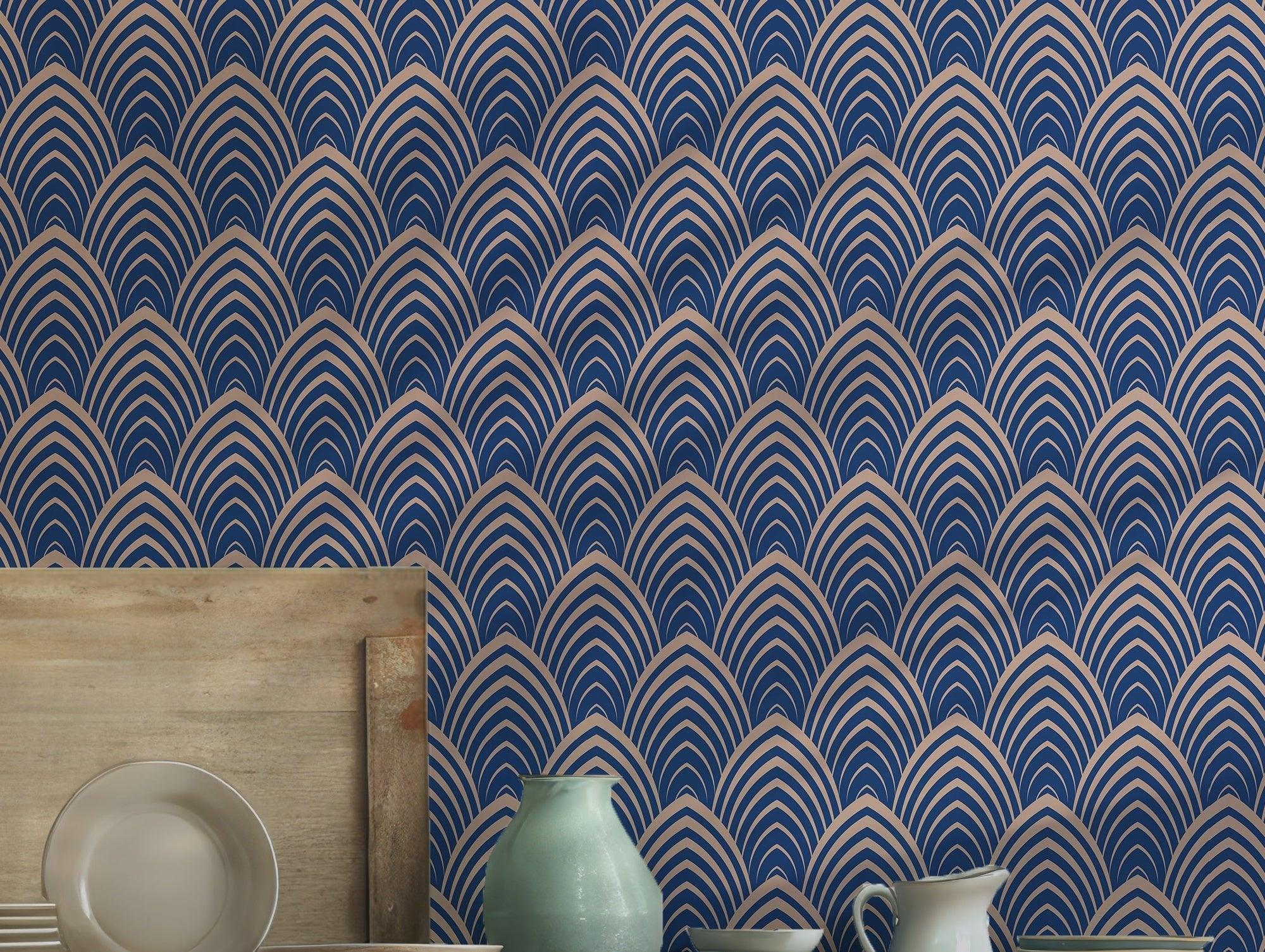 Dark Blue Gold Self Adhesive Wallpaper - Art Deco Self Adhesive Waves Wallpaper - Elegant Geometric Peel and Stick Wall Covering BV089