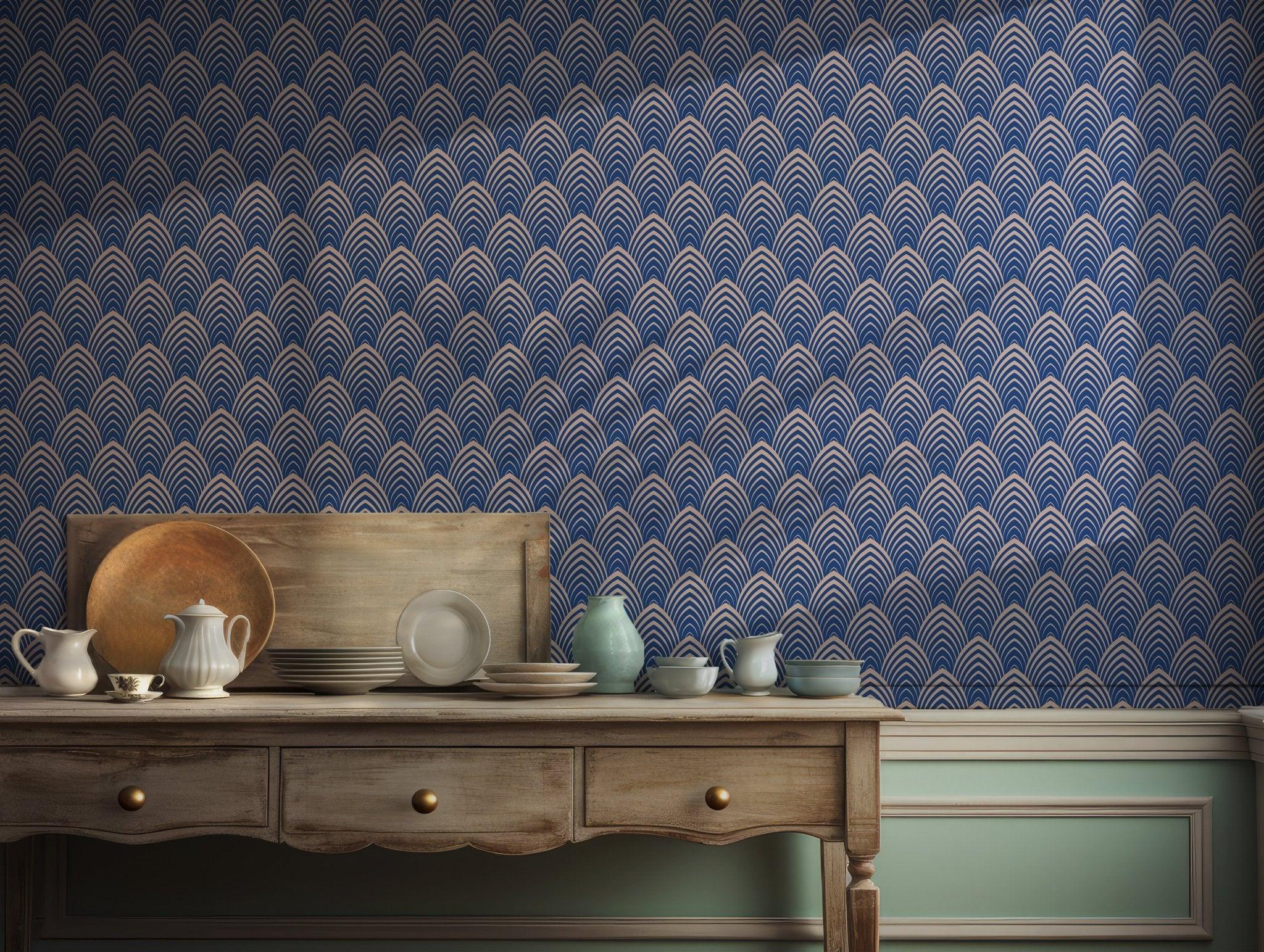 Dark Blue Gold Self Adhesive Wallpaper - Art Deco Self Adhesive Waves Wallpaper - Elegant Geometric Peel and Stick Wall Covering BV089