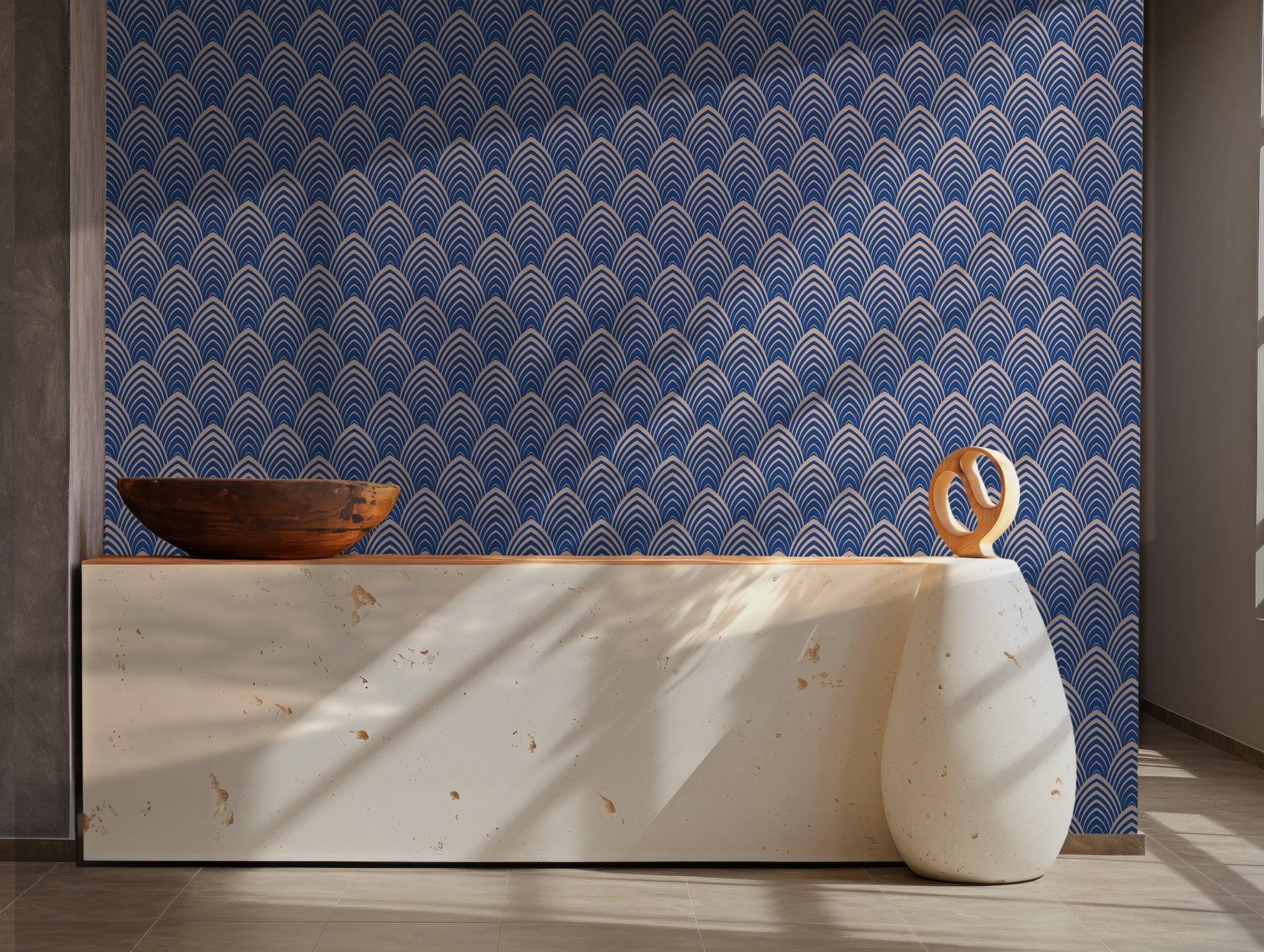 Dark Blue Gold Self Adhesive Wallpaper - Art Deco Self Adhesive Waves Wallpaper - Elegant Geometric Peel and Stick Wall Covering BV089