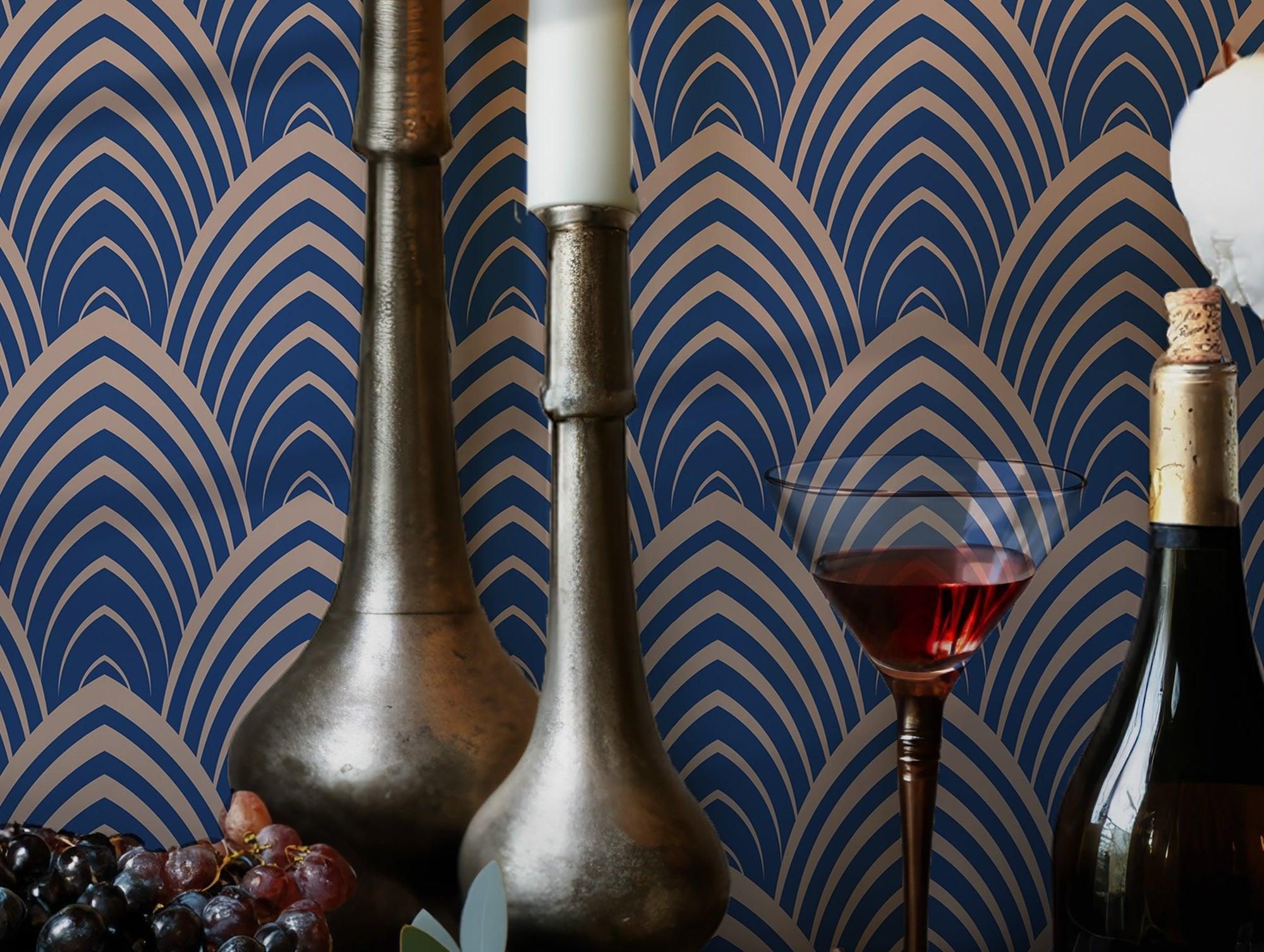 Dark Blue Gold Self Adhesive Wallpaper - Art Deco Self Adhesive Waves Wallpaper - Elegant Geometric Peel and Stick Wall Covering BV089