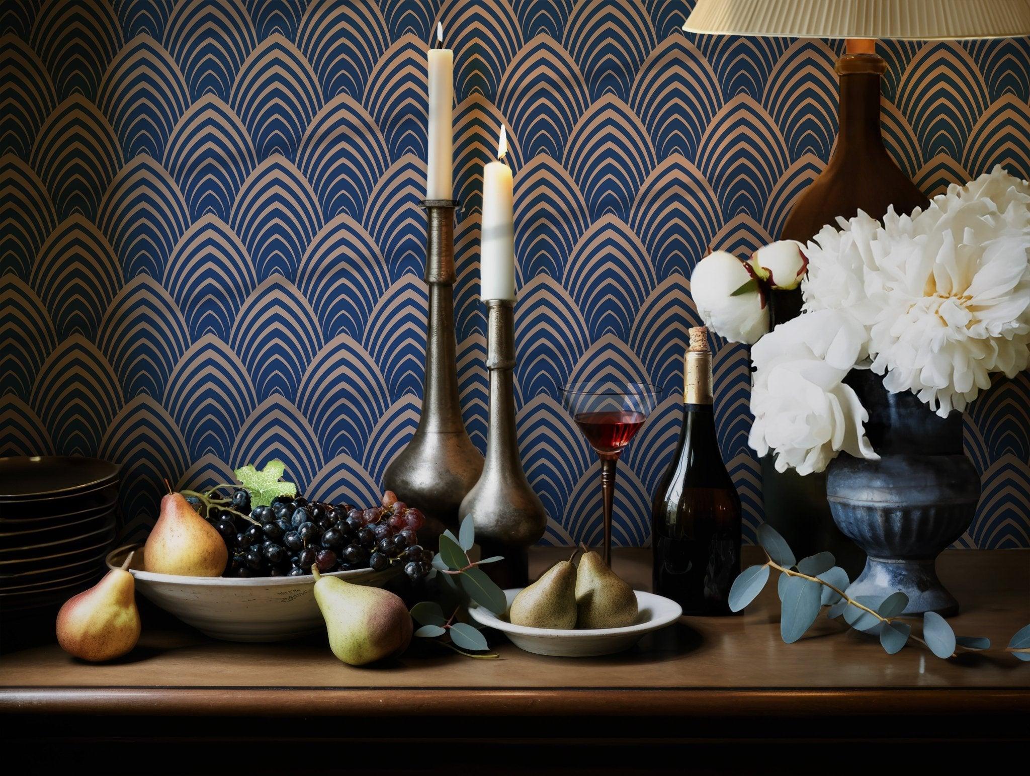 Dark Blue Gold Self Adhesive Wallpaper - Art Deco Self Adhesive Waves Wallpaper - Elegant Geometric Peel and Stick Wall Covering BV089