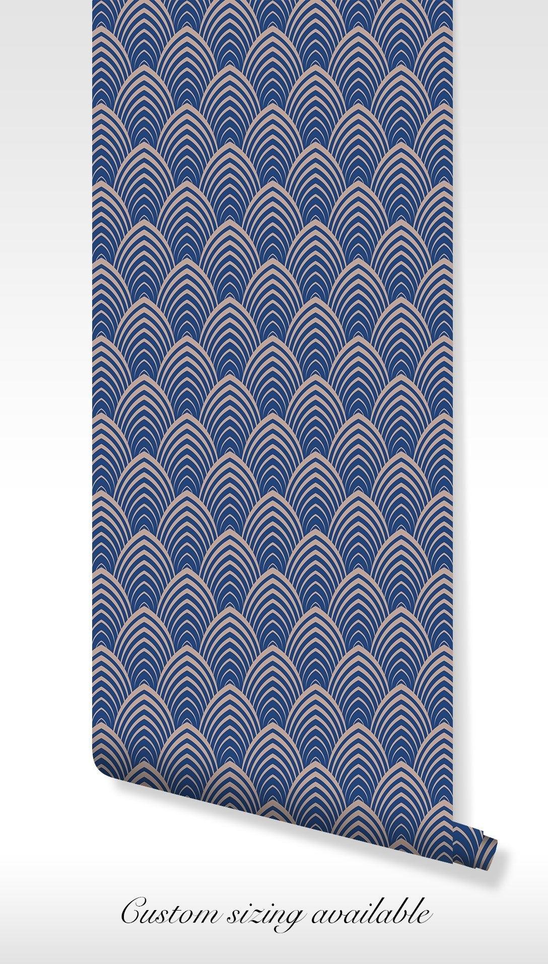 Dark Blue Gold Self Adhesive Wallpaper - Art Deco Self Adhesive Waves Wallpaper - Elegant Geometric Peel and Stick Wall Covering BV089