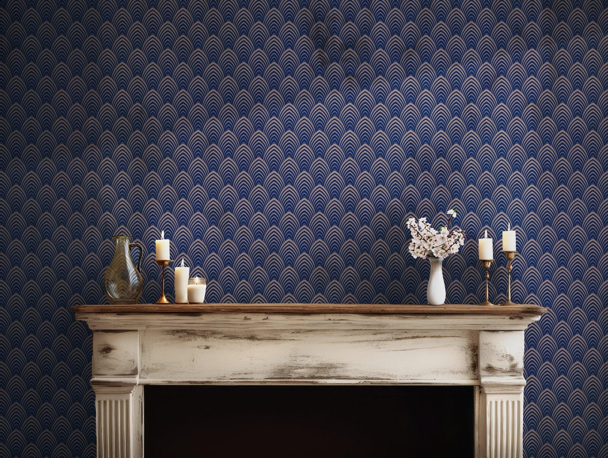 Dark Blue Gold Self Adhesive Wallpaper - Art Deco Self Adhesive Waves Wallpaper - Elegant Geometric Peel and Stick Wall Covering BV089