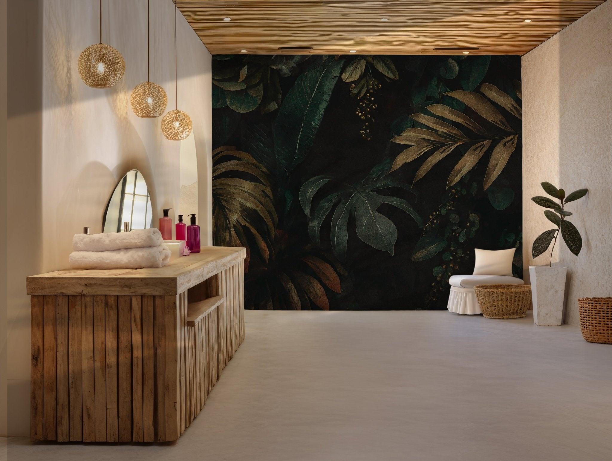 Green Palm Leaves Wallpaper - Removable Wall Mural - Peel and Stick - Rainforest Tropical Leaves Lush Jungle BV101