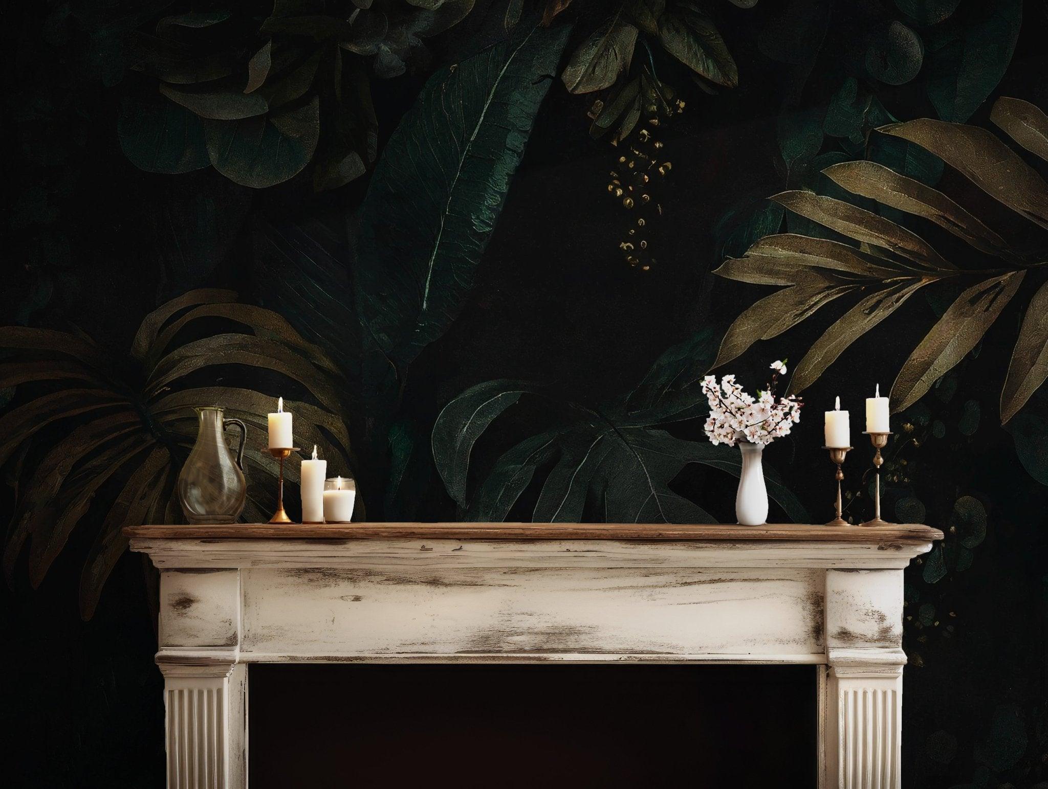 Green Palm Leaves Wallpaper - Removable Wall Mural - Peel and Stick - Rainforest Tropical Leaves Lush Jungle BV101