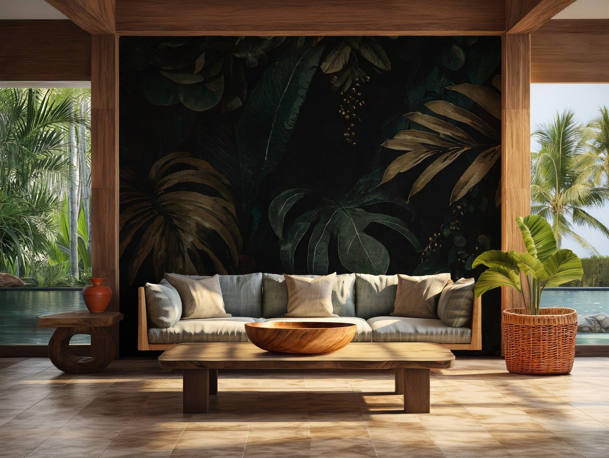 Green Palm Leaves Wallpaper - Removable Wall Mural - Peel and Stick - Rainforest Tropical Leaves Lush Jungle BV101