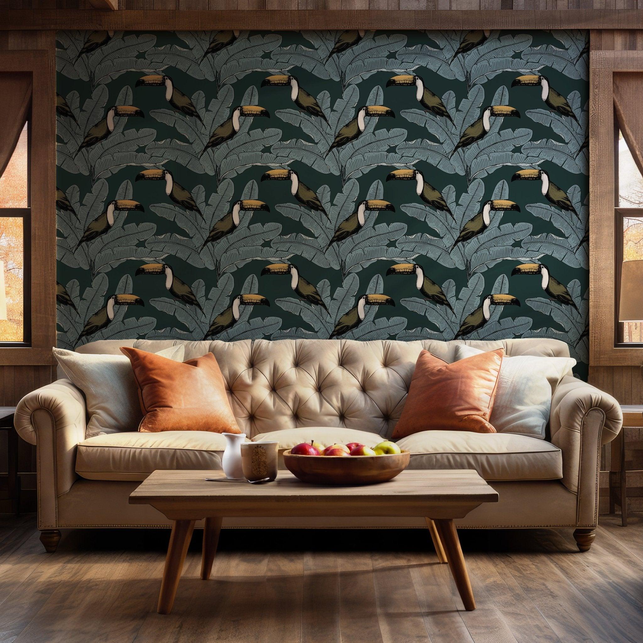 Dark Green Tropical Toucan Wallpaper - Peel and Stick Self Adhesive - Magical Palm Leaves Jungle Exotic Nature BV094