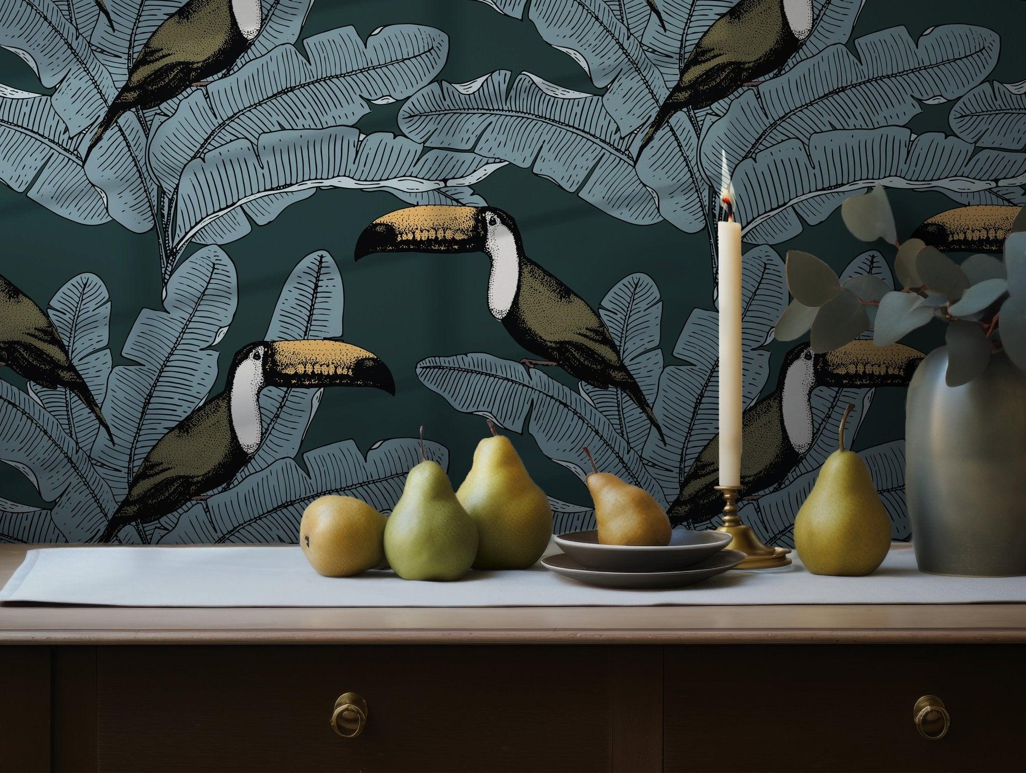 Dark Green Tropical Toucan Wallpaper - Peel and Stick Self Adhesive - Magical Palm Leaves Jungle Exotic Nature BV094
