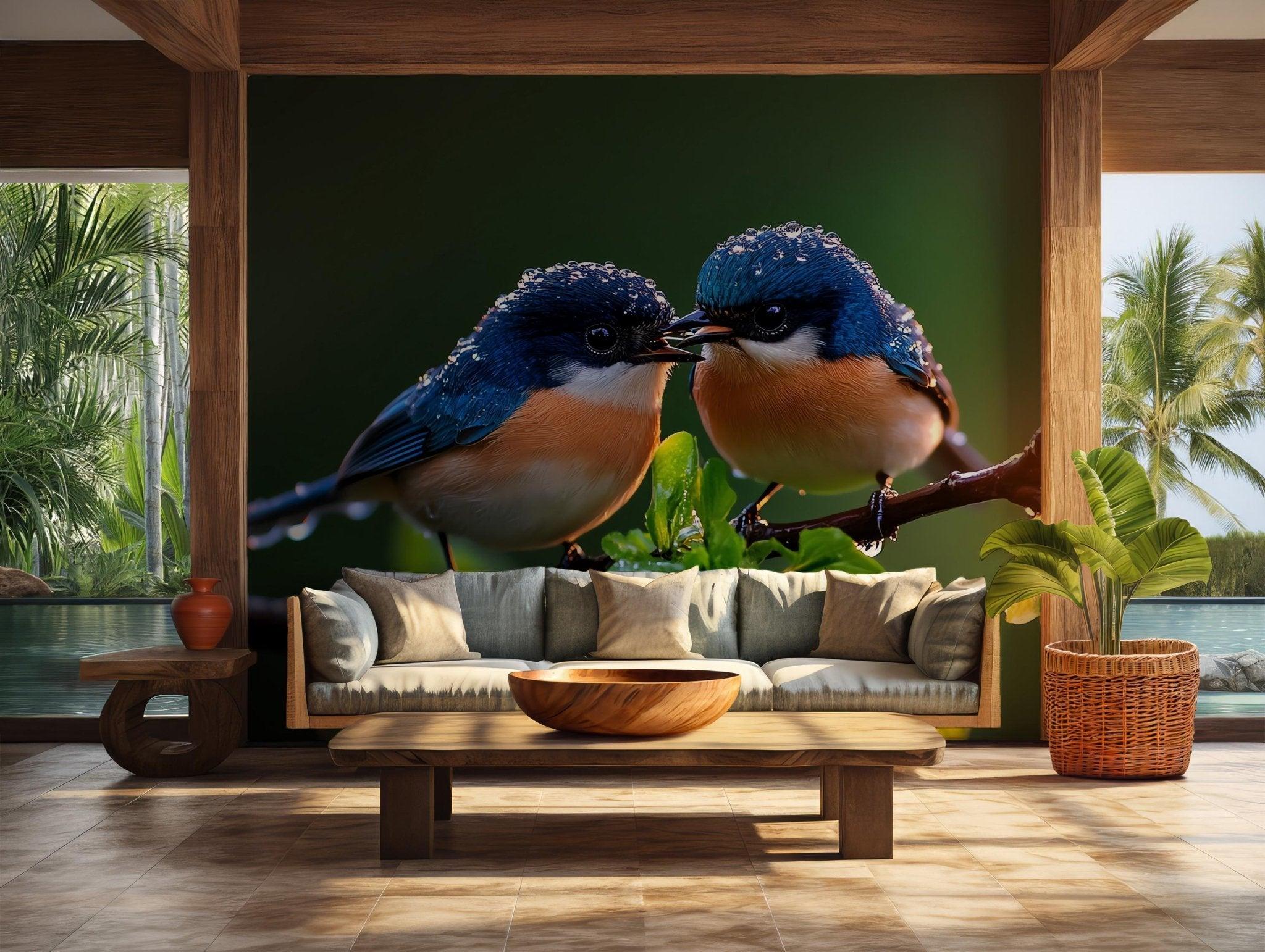 Decorative Bird Wallpaper - Blue Mangrove Flycatcher Peel and Stick Mural Art - Blue Orange Yellow White BV180