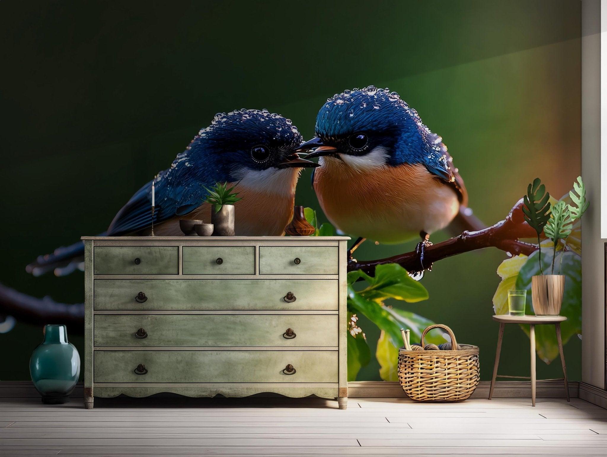 Decorative Bird Wallpaper - Blue Mangrove Flycatcher Peel and Stick Mural Art - Blue Orange Yellow White BV180