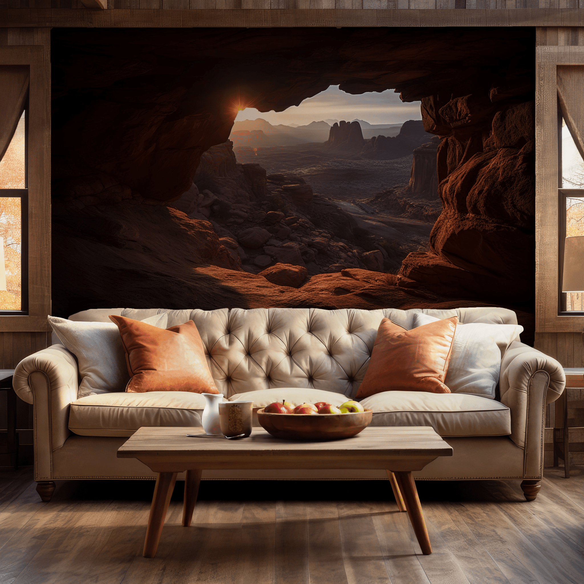 Earthy Tones Sunset Wallpaper - Peel and Stick Wall Mural - Desert View Cave Rocky Landscape Nature BV350