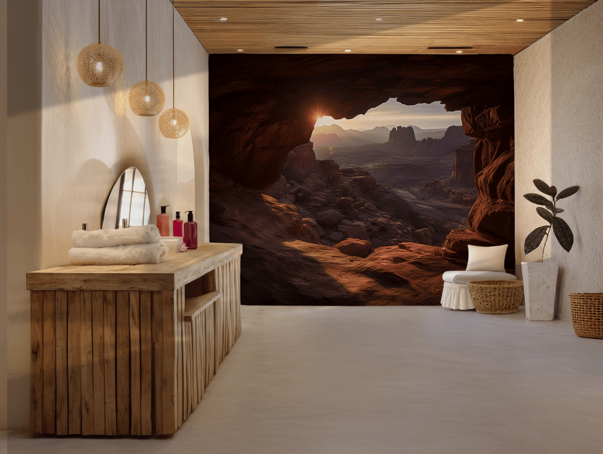 Earthy Tones Sunset Wallpaper - Peel and Stick Wall Mural - Desert View Cave Rocky Landscape Nature BV350
