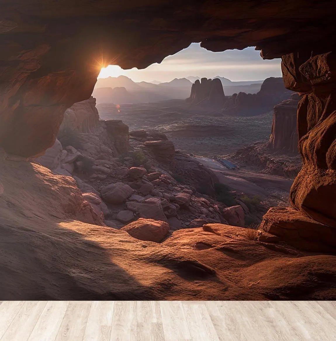 Earthy Tones Sunset Wallpaper - Peel and Stick Wall Mural - Desert View Cave Rocky Landscape Nature BV350