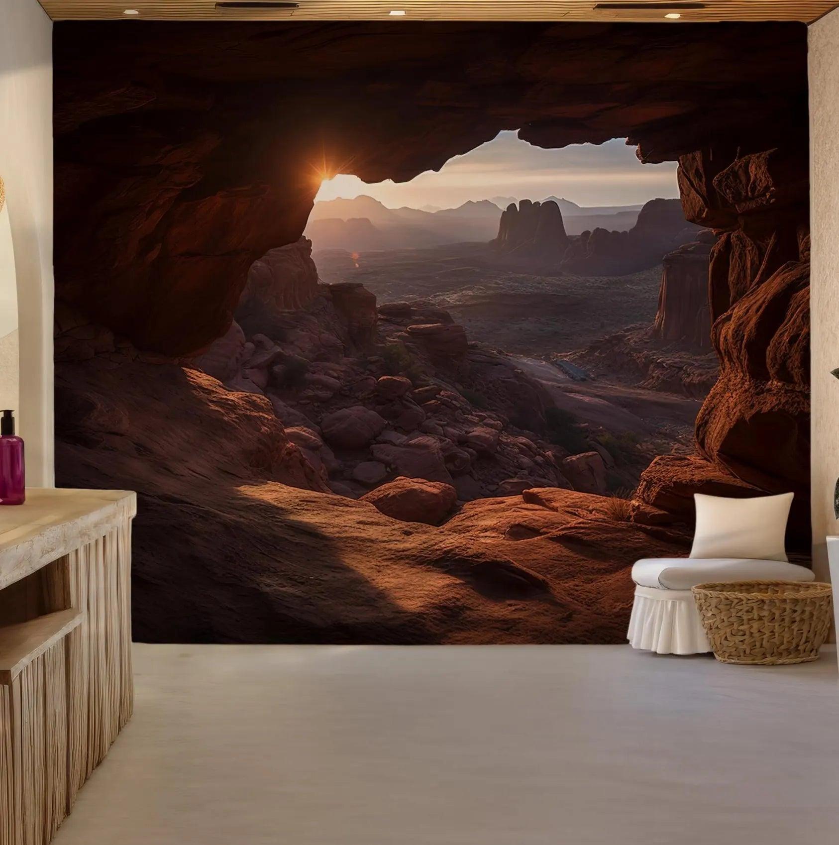 Earthy Tones Sunset Wallpaper - Peel and Stick Wall Mural - Desert View Cave Rocky Landscape Nature BV350