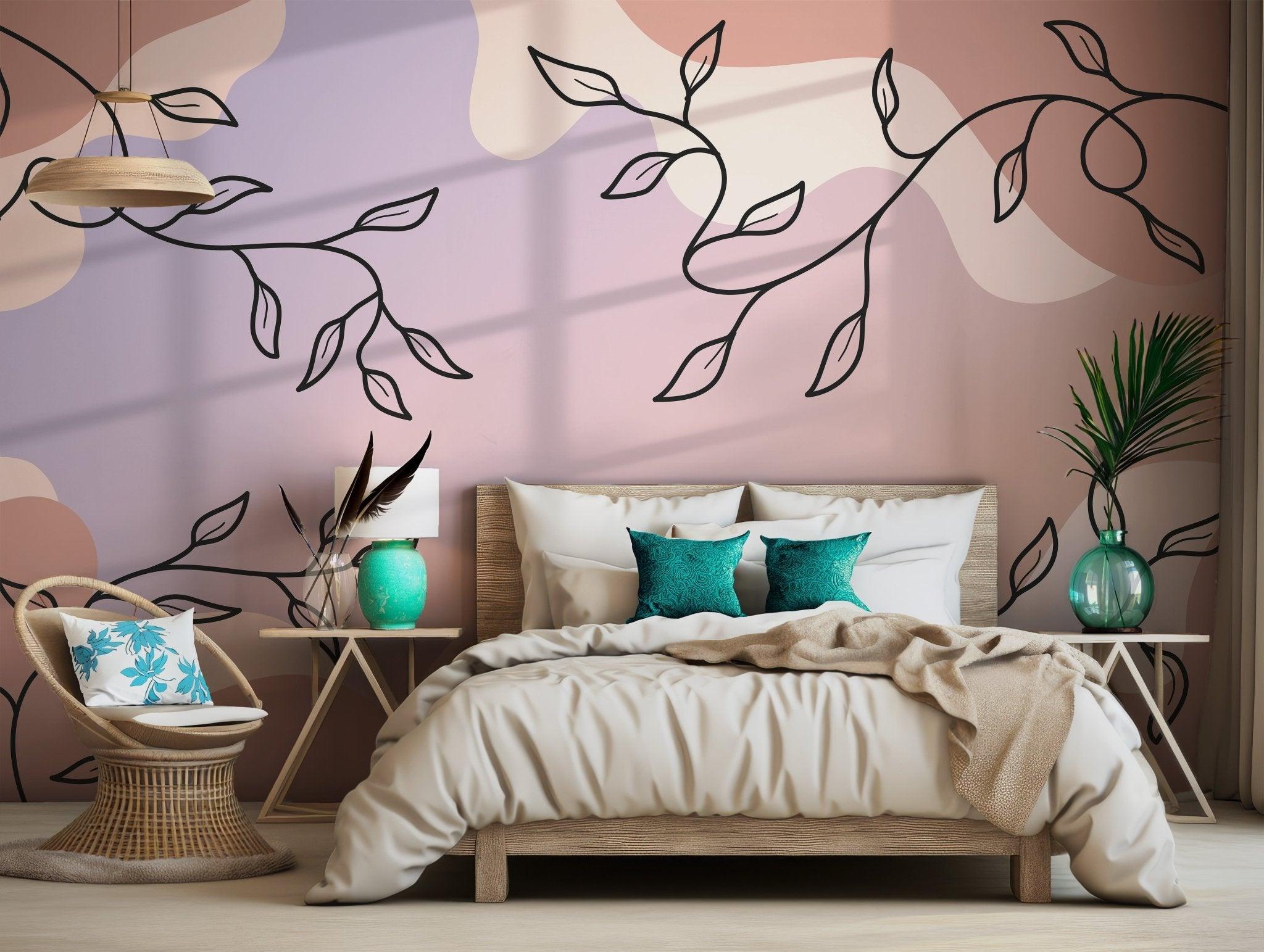 Earthy Tones Wallpaper - Self Adhesive Peel and Stick Wall Mural - Botanical Vine Line Art Soft BV290