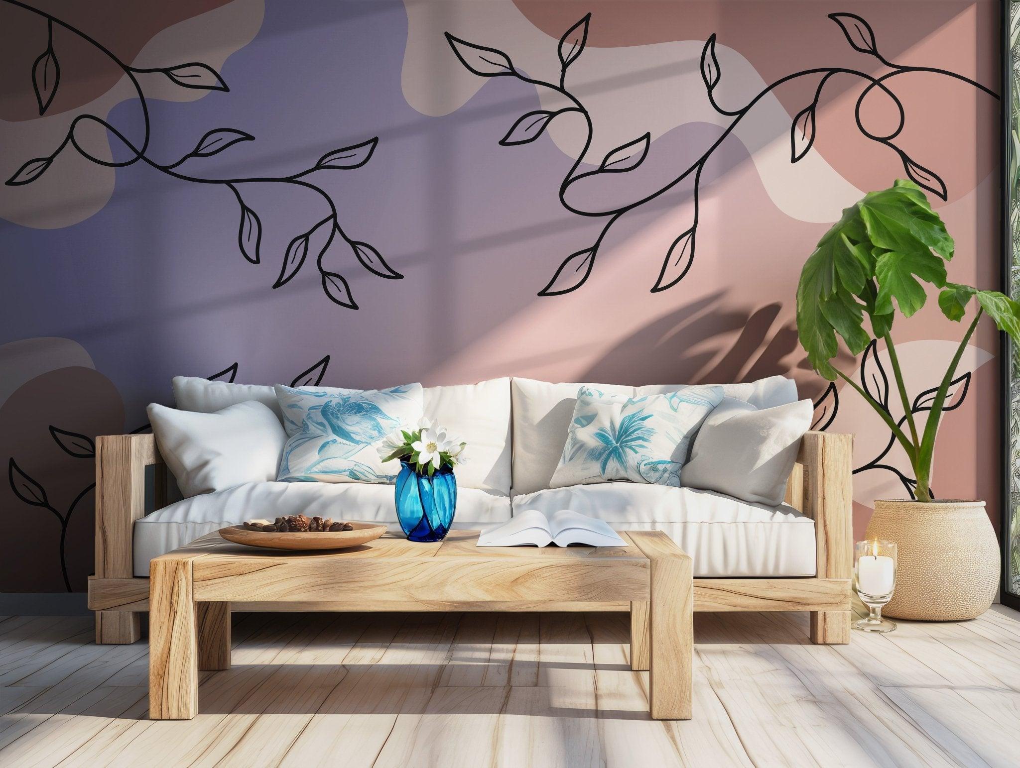 Earthy Tones Wallpaper - Self Adhesive Peel and Stick Wall Mural - Botanical Vine Line Art Soft BV290