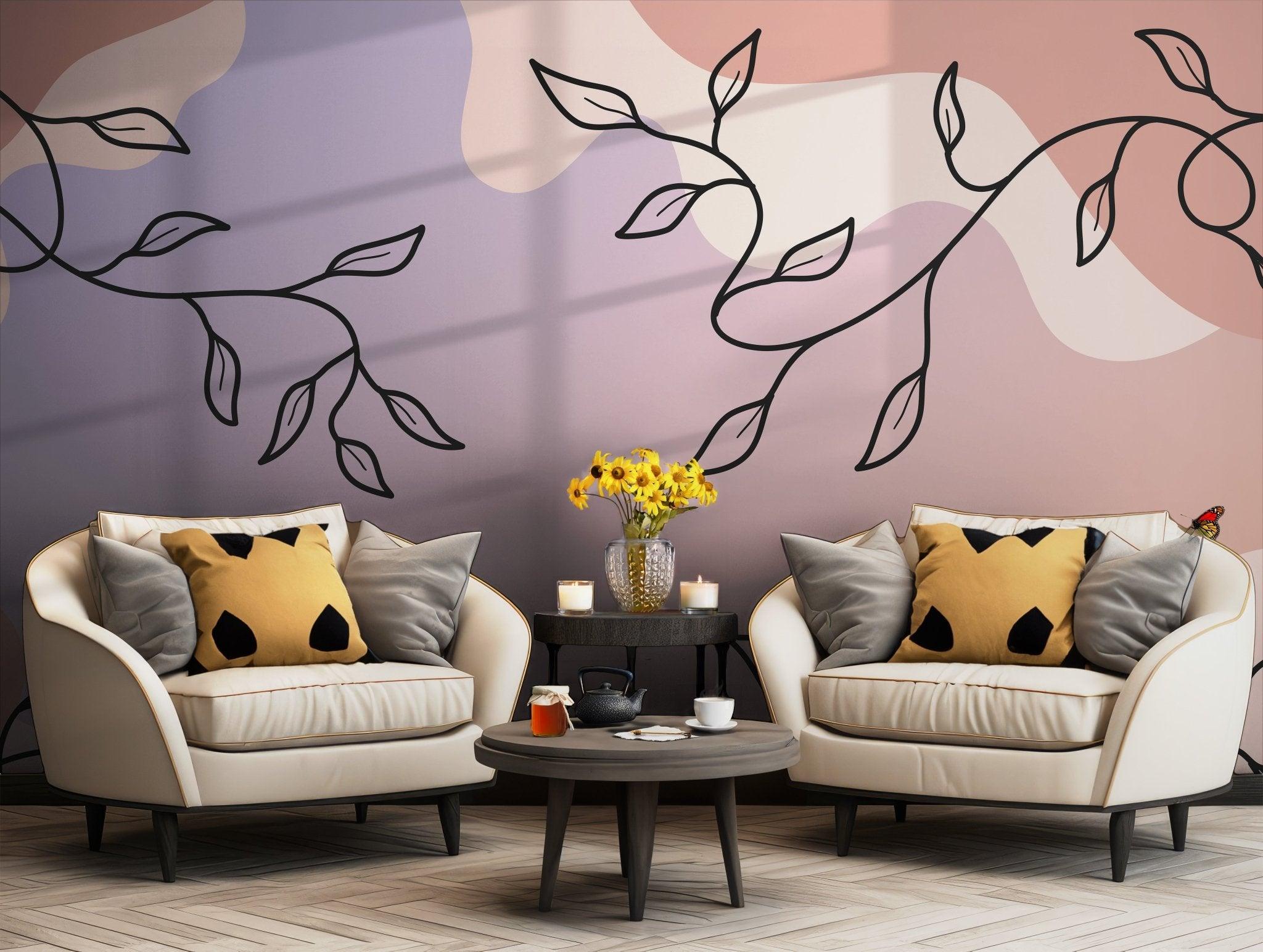 Earthy Tones Wallpaper - Self Adhesive Peel and Stick Wall Mural - Botanical Vine Line Art Soft BV290