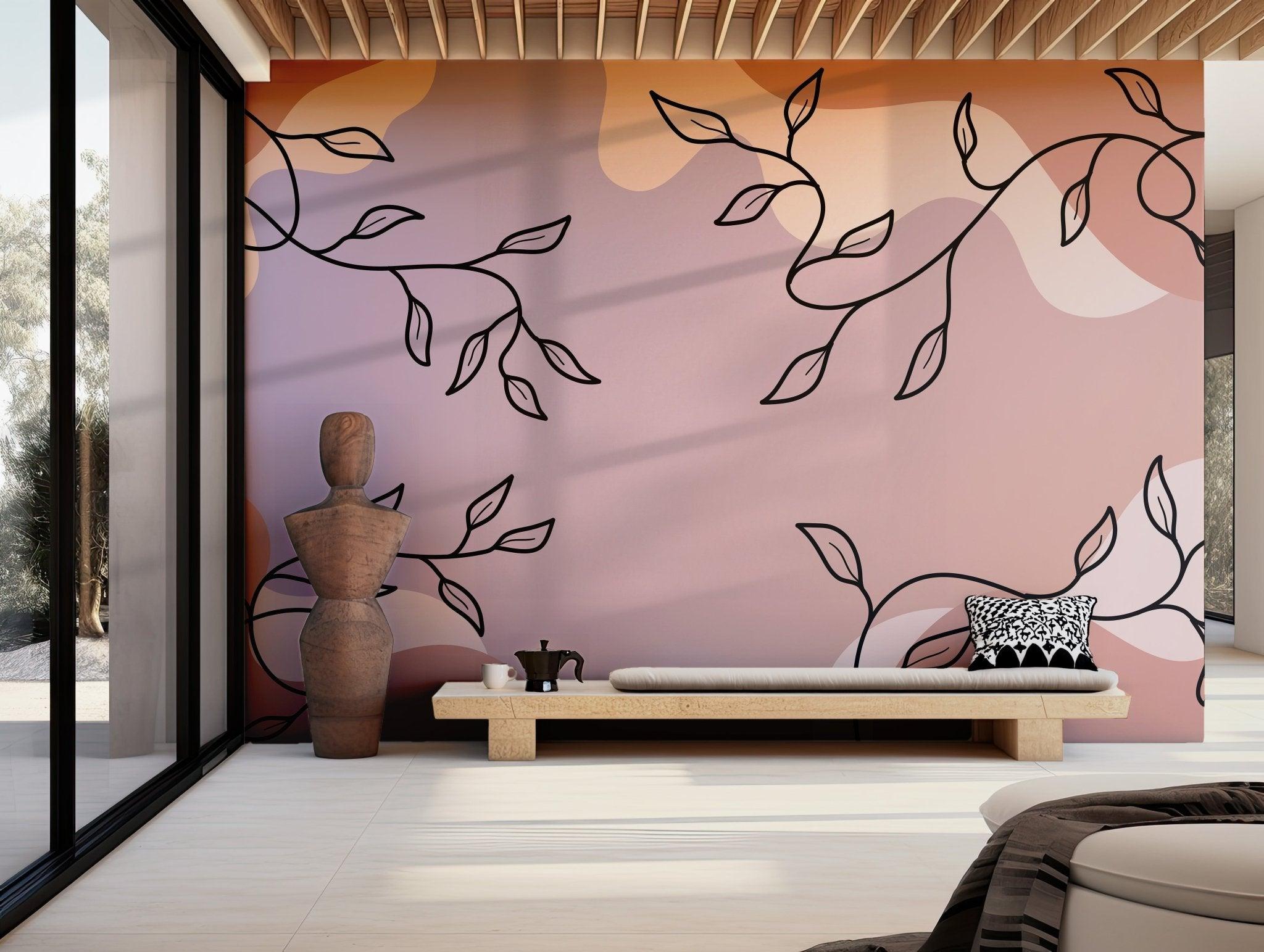 Earthy Tones Wallpaper - Self Adhesive Peel and Stick Wall Mural - Botanical Vine Line Art Soft BV290