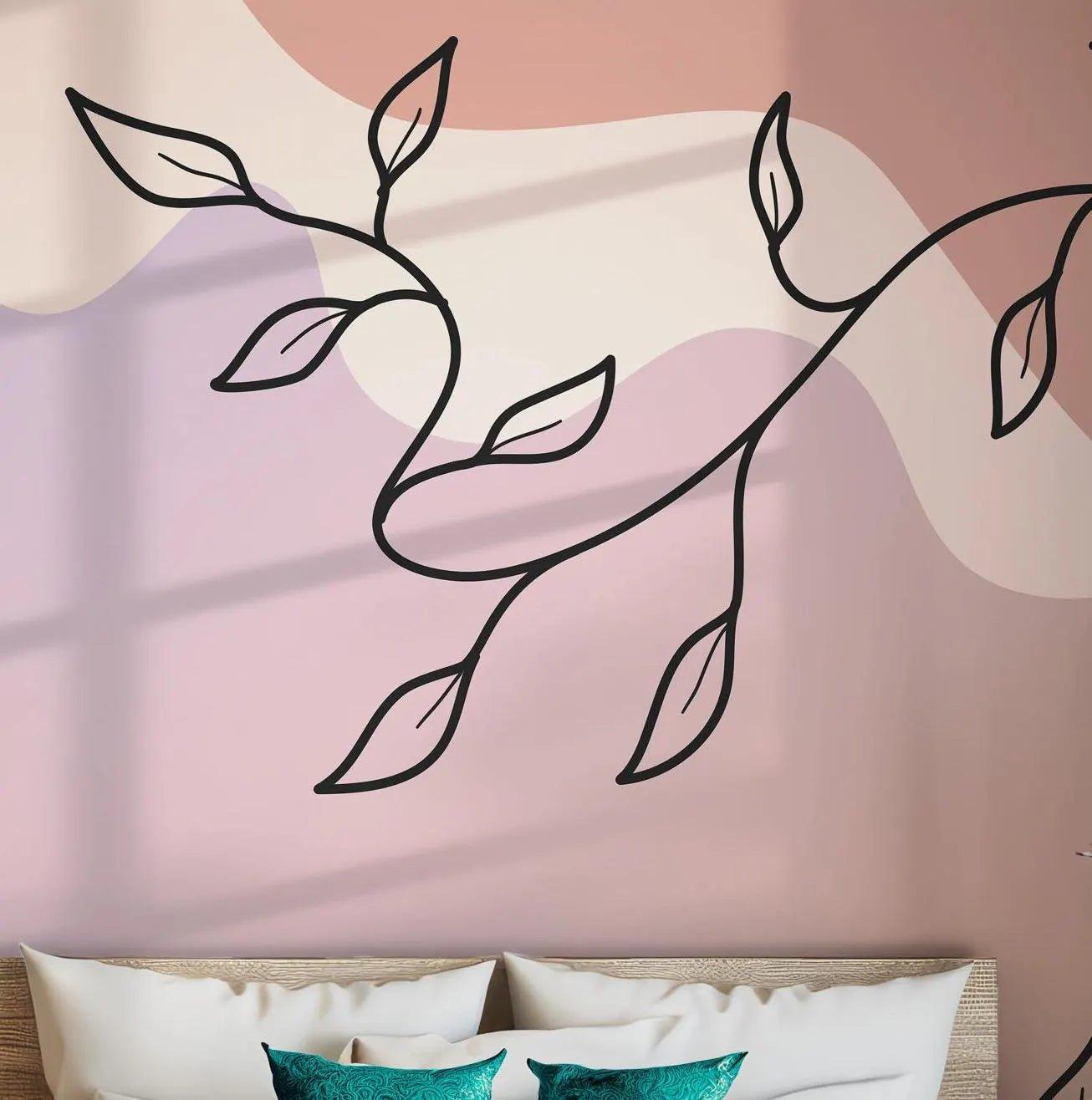 Earthy Tones Wallpaper - Self Adhesive Peel and Stick Wall Mural - Botanical Vine Line Art Soft BV290