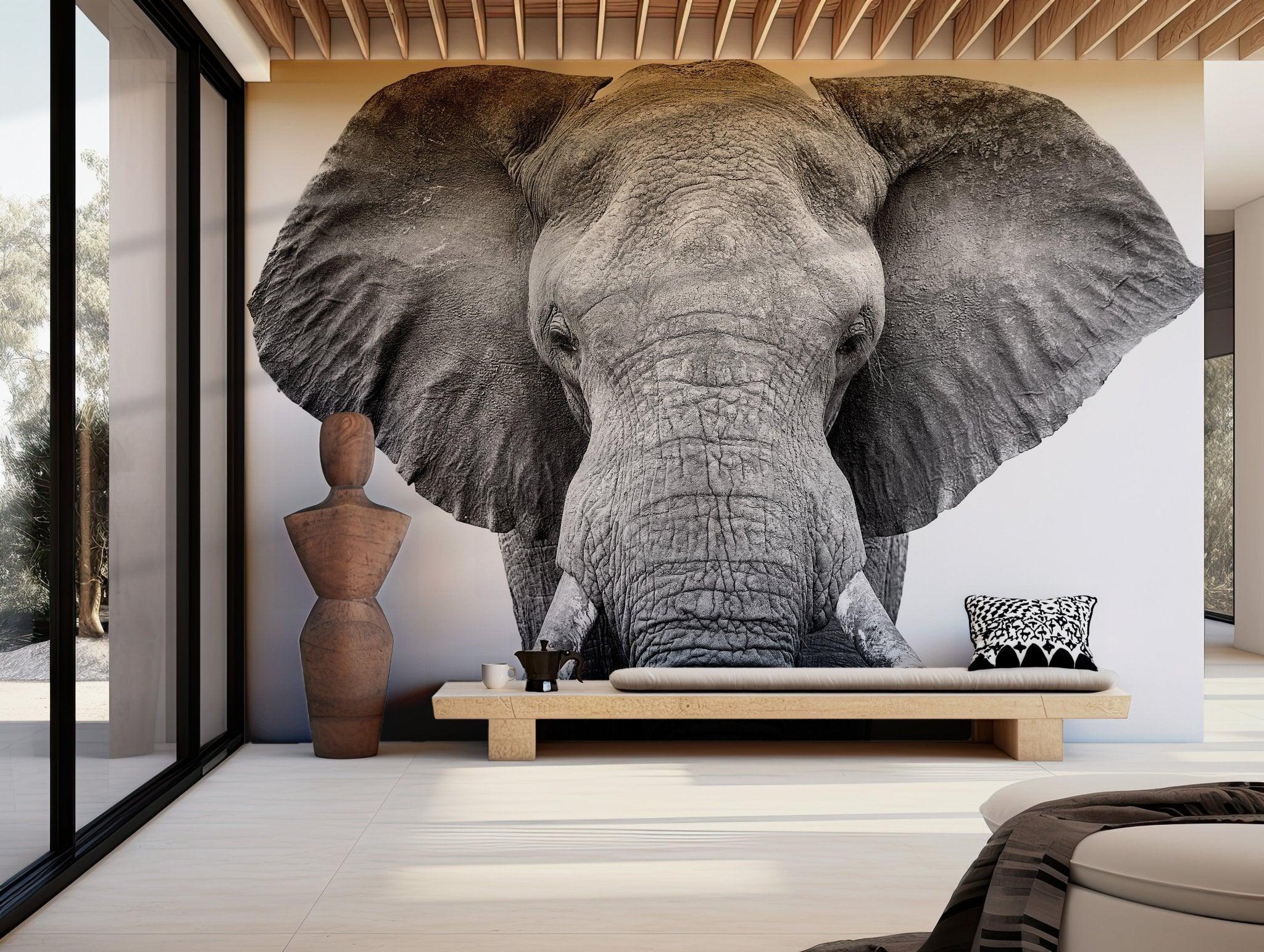 Elephant Wallpaper - Self Adhesive Peel and Stick Wall Mural - Black and White Africa Photography BV256