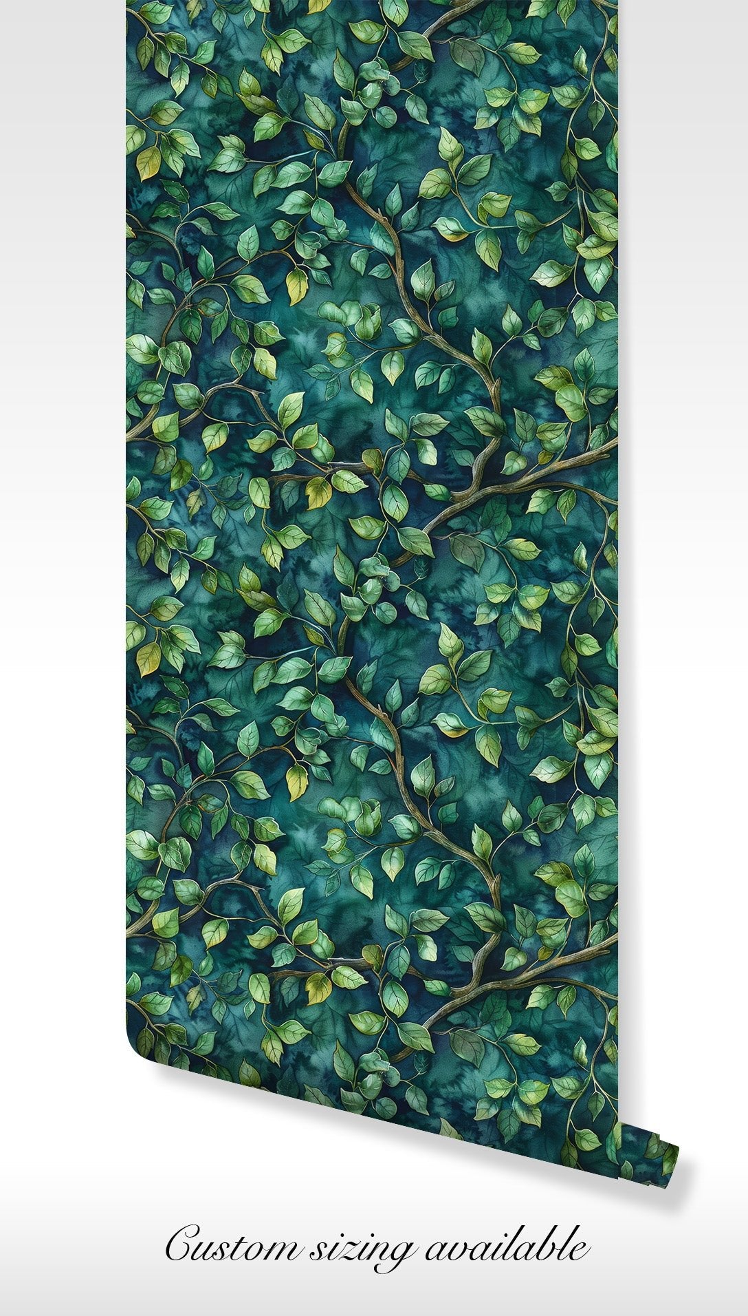 Teal and forest green leafy design with layered branches evokes deep woods tranquility. Temporary wallpaper style makes this an ideal solution for interior upgrades that require flexibility, perfect for rented spaces or evolving design preferences.