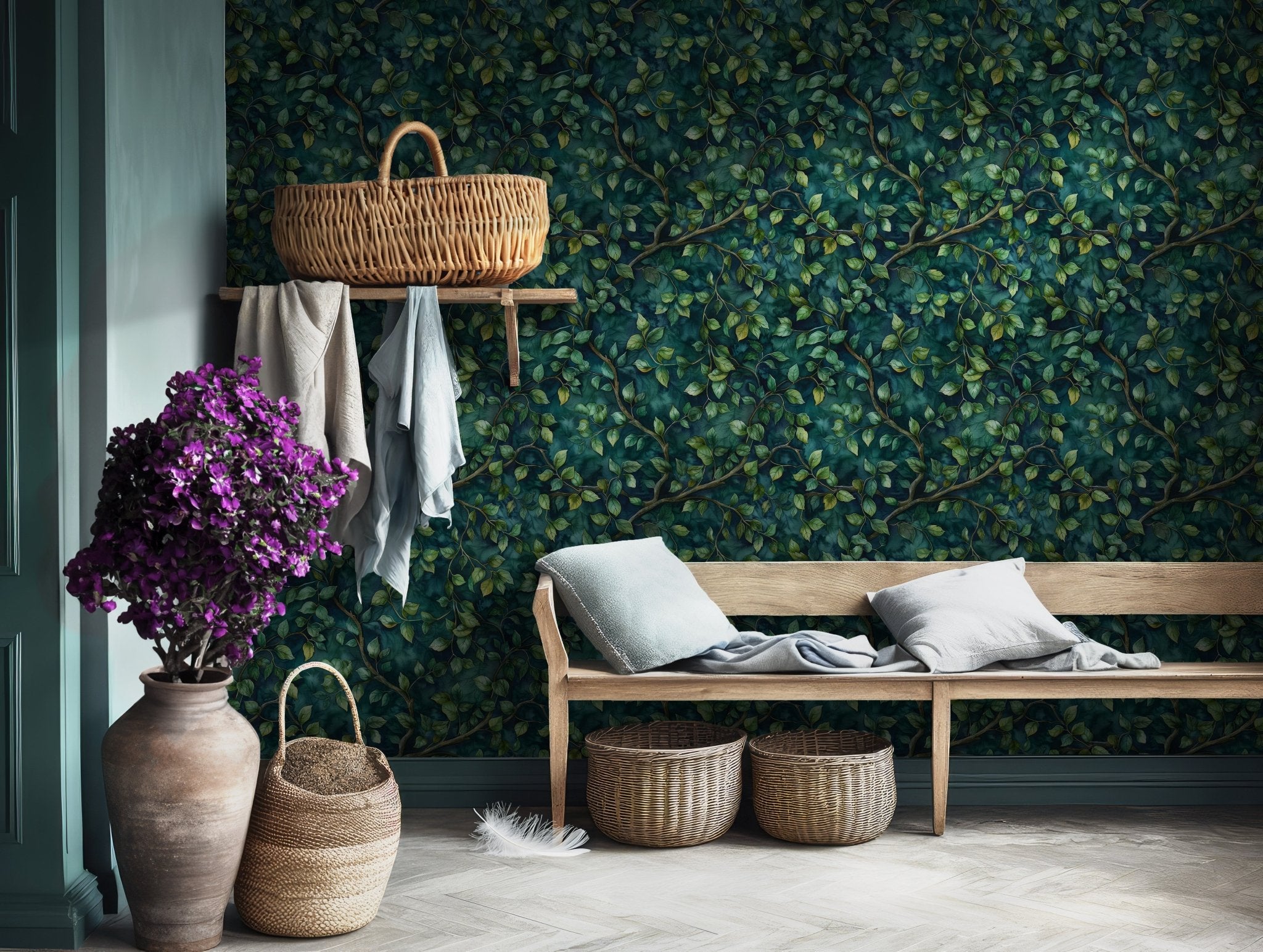 Elegant leafy branch print with teal and green tones, perfect for renters looking to apply temporary wallpaper. This removable mural adds a natural canopy effect to any room, delivering a cozy, moody, forest-inspired retreat vibe with ease of installation and damage-free removal.