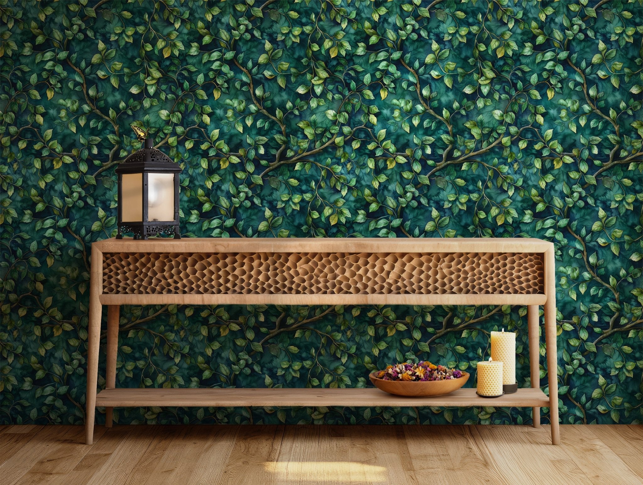 Dark forest mural featuring intertwining branches and shadowed green leaves. Ideal for removable wallpaper projects in relaxing interiors, this pattern offers a botanical sanctuary feel that transforms walls without commitment using temporary wallpaper material.