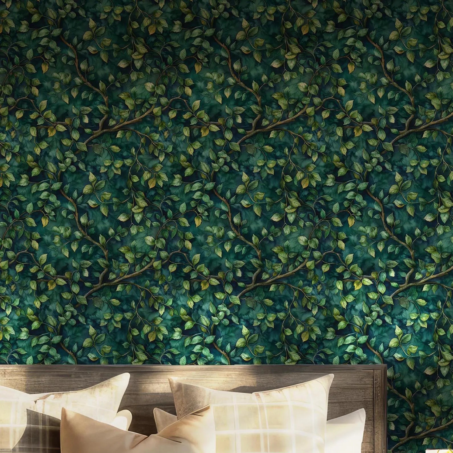 A moody green forest wallpaper print with winding branches and thick leaf textures, great for peel-and-stick removable wallpaper installs. Adds nature-infused ambiance to any bedroom or lounge, designed for easy application and residue-free removal.