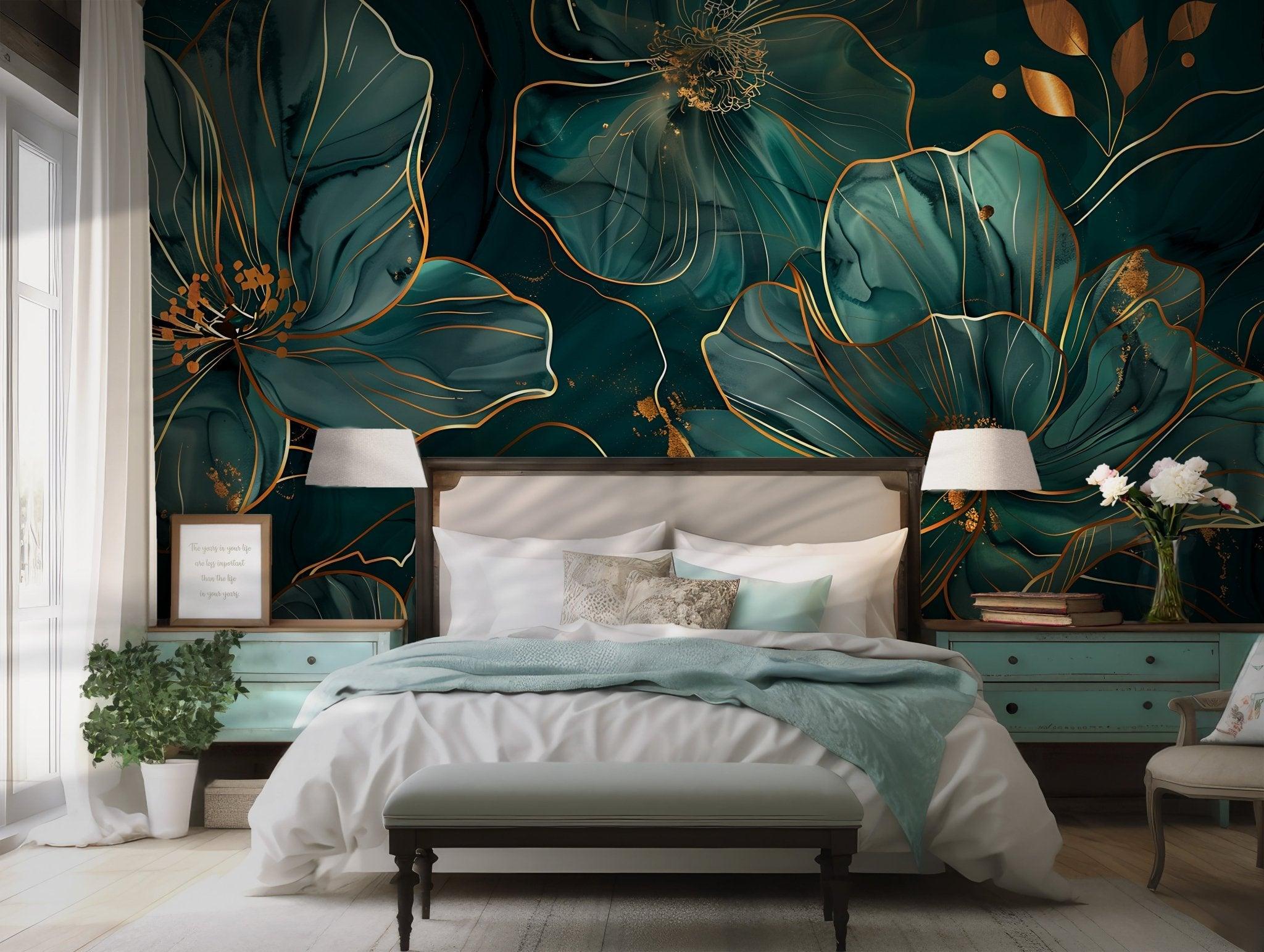 Emerald Green Floral Wall Mural - Gold Accent Peel and Stick Art Wallpaper for Botanical Aesthetic BV170 BuenaVista Wallpaper