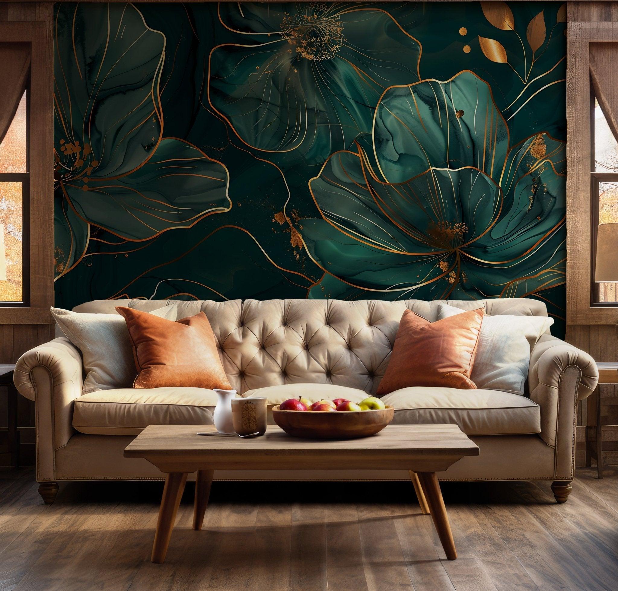 Emerald Green Floral Wall Mural - Gold Accent Peel and Stick Art Wallpaper for Botanical Aesthetic BV170 BuenaVista Wallpaper