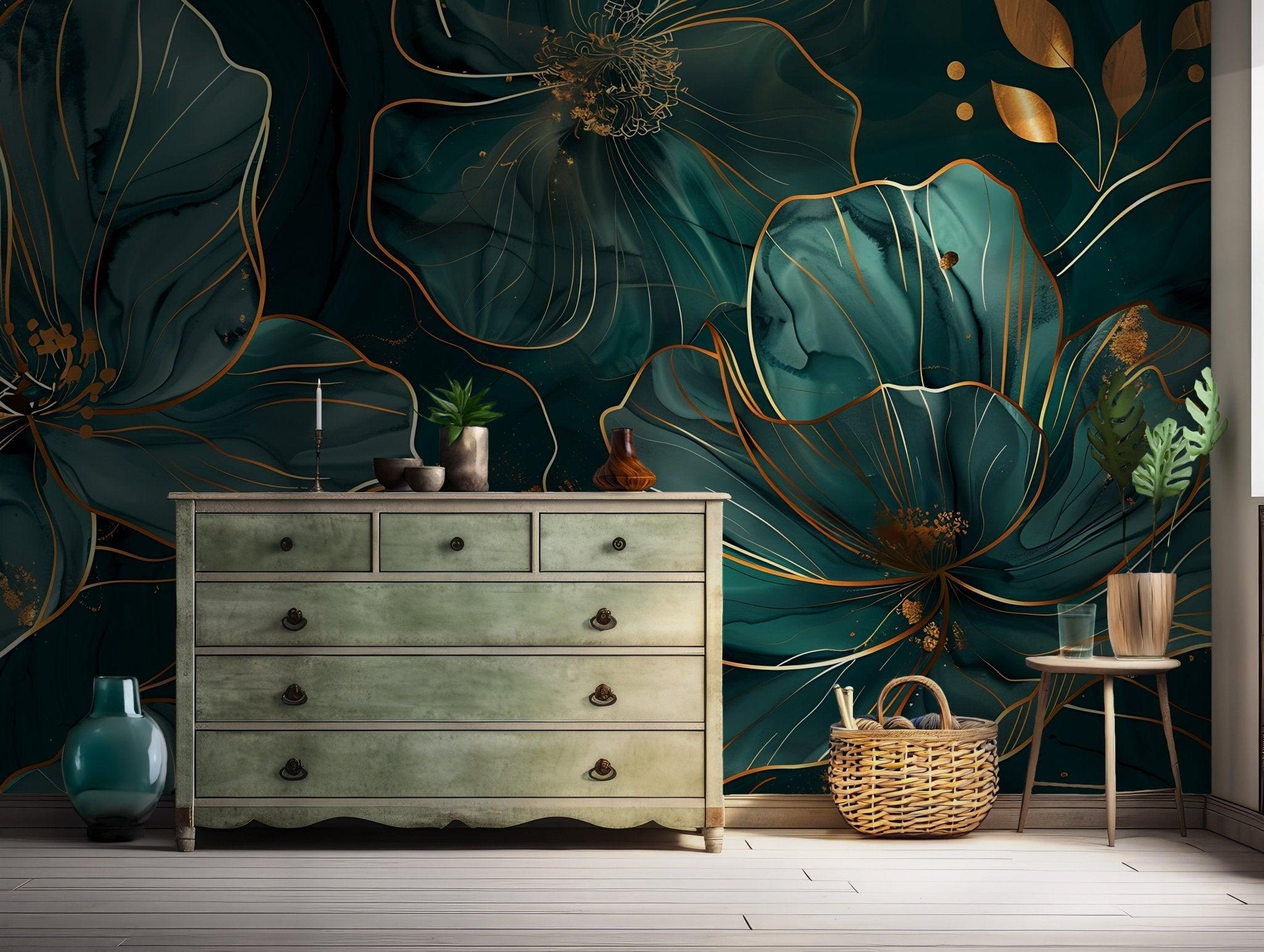 Emerald Green Floral Wall Mural - Gold Accent Peel and Stick Art Wallpaper for Botanical Aesthetic BV170 BuenaVista Wallpaper