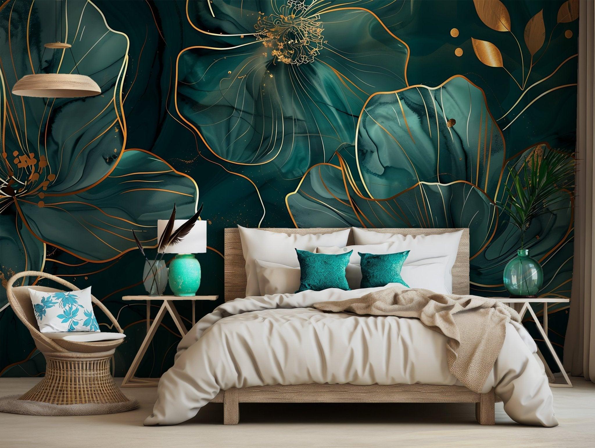 Emerald Green Floral Wall Mural - Gold Accent Peel and Stick Art Wallpaper for Botanical Aesthetic BV170 BuenaVista Wallpaper