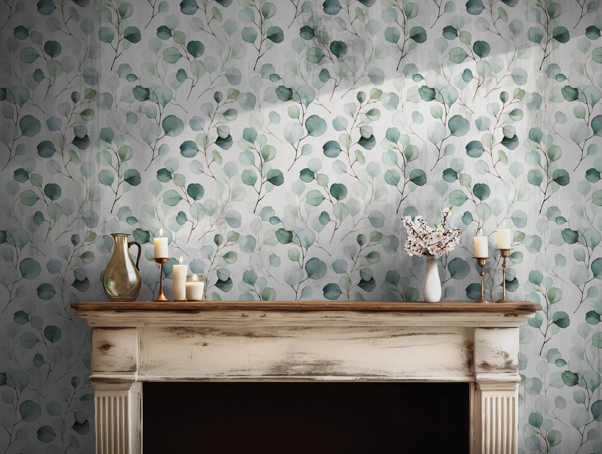 Eucalyptus Leaves Wallpaper - Self Adhesive Peel and Stick - Watercolor Subtle Nature BV258
